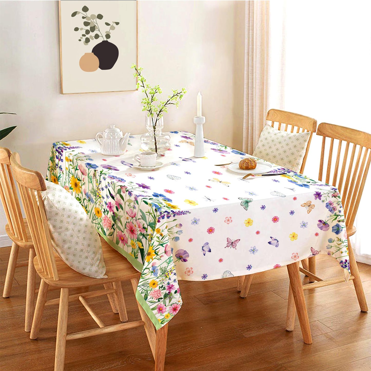 CC HOME 1Pc Blooming Wildflower Party Plastic Tablecloth 54 x 87 Inch Long Table Cover, Spring Butterfly Party Tablecover for Floral Theme Kids Baby Shower Birthday Dinner Picnic Kitchen Event