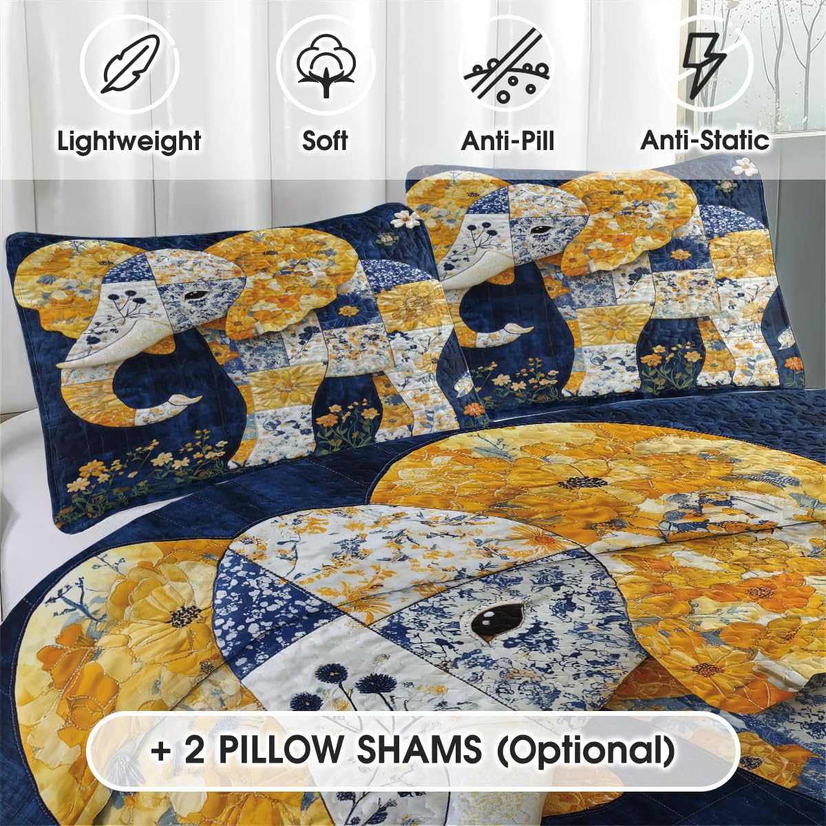 Jeminise Elephant Quilt Set, Animal Patchwork Printed Quilt Bedset, Patchwork Style Quilts Twin Full Queen Size Elephant Pattern Blanket Bedspread, Elephants Bed Set Bedding Gift