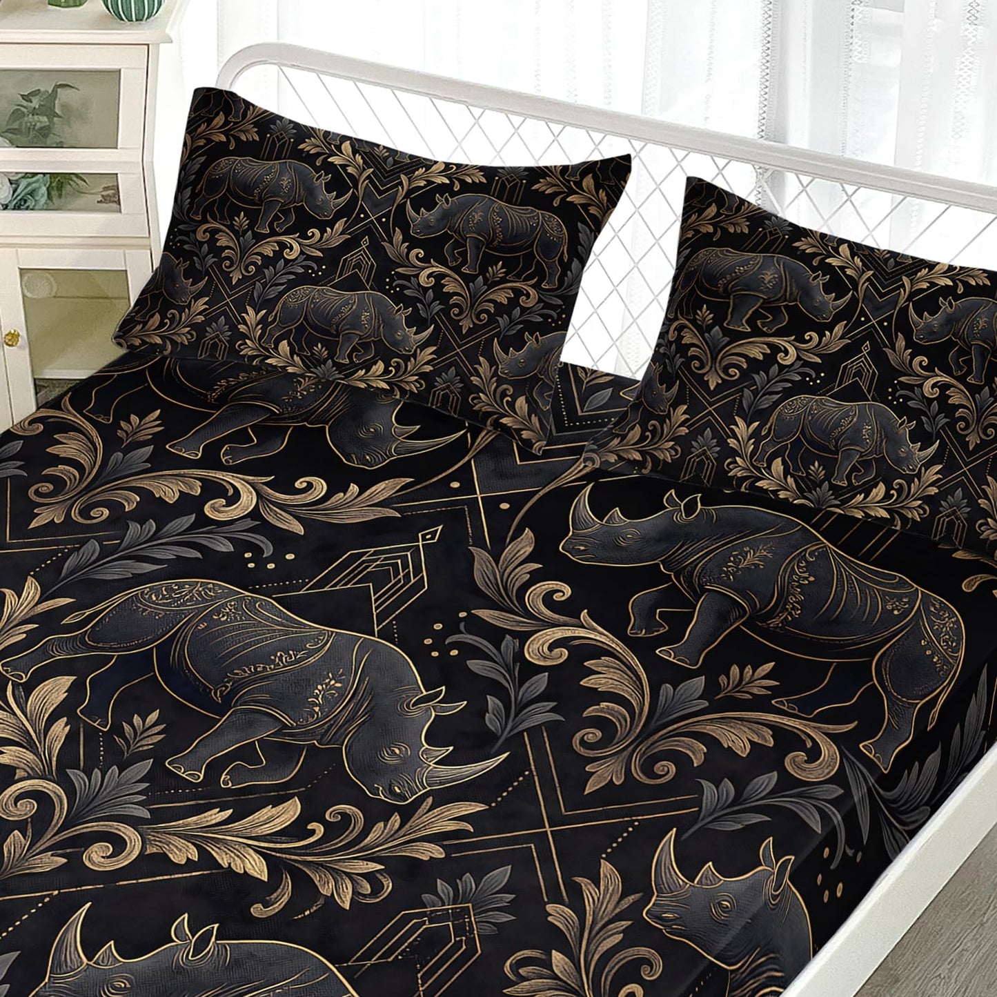 AILONEN Elephant Scroll Twin XL Fitted Sheet Set, Charcoal Ornate Printed Bedding with 2 Pillowcases, 16 Inch Pocket, Student Apartment Bedroom