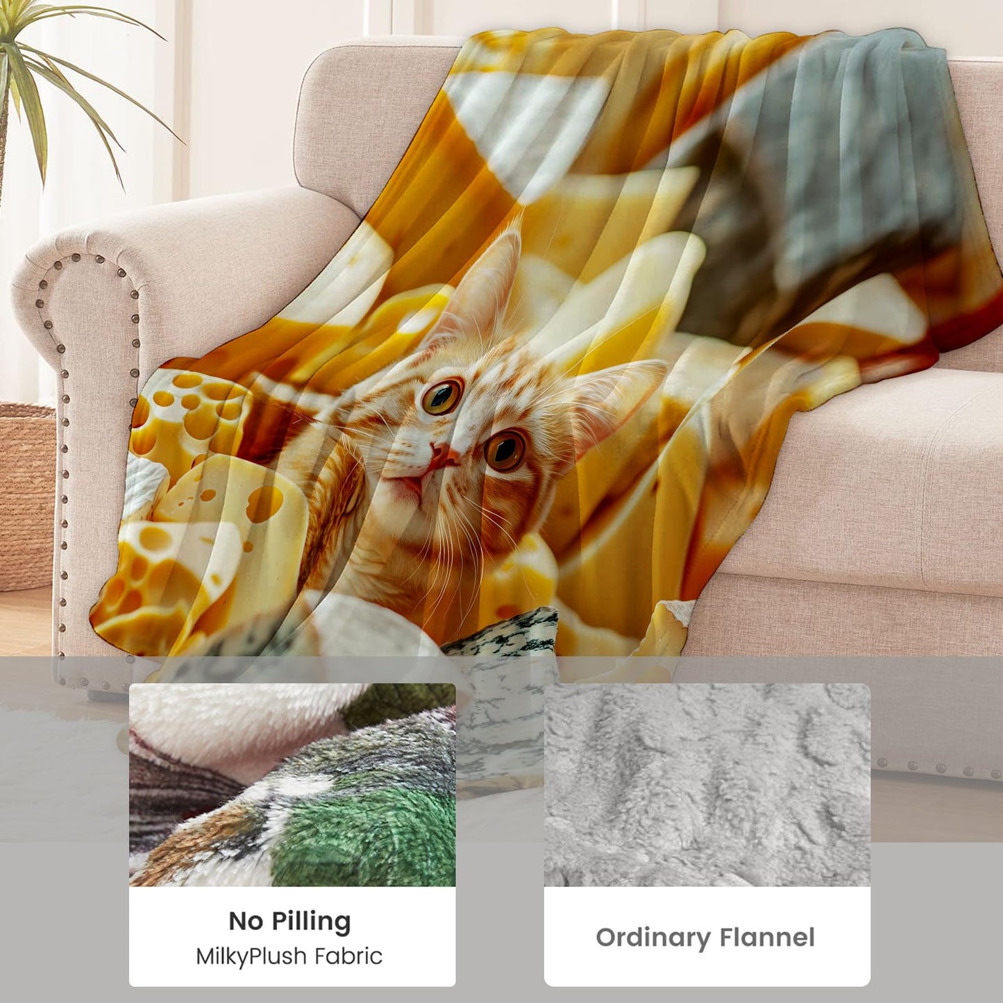 cromcu Adorable Cheese Cat Flannel Throw Blanket 50x60 Inch, Cute Orange Kitten Throws, Whimsical Food Humor Fleece Blankets for Couch, Bed, Sofa, Travel, Pet Lovers Novelty Gifts Decor