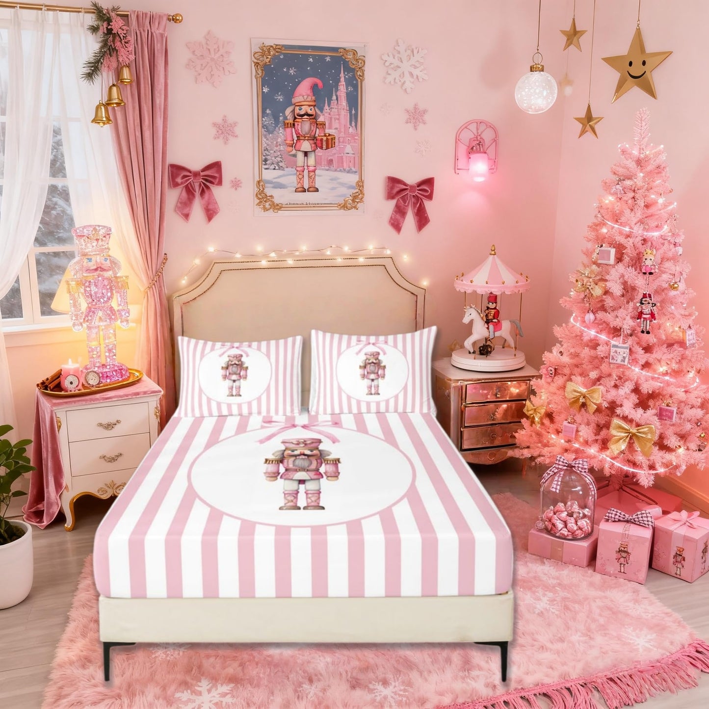 Manfei Nutcracker Kids Full Size Fitted Sheet,Christmas Lovely Bowknot Boys Girls Bed Sheets,Winter Xmas Holiday Stripes Room Decor,Pink White Bedding Set,2 Pillowcases(No Flat)