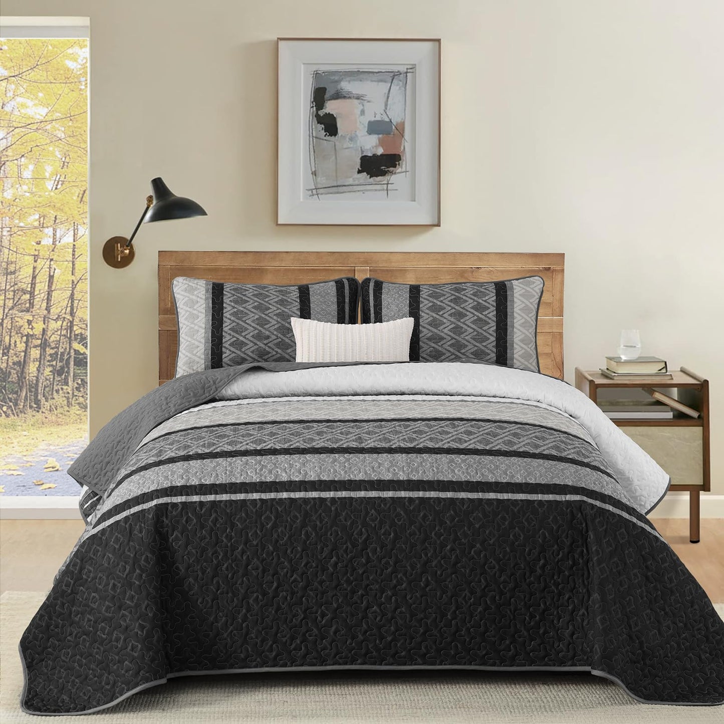 Dinjoy Queen Quilt Set Dark Grey,Striped Bedspread Queen Size, Fall Bedding Sets 3 Pieces Micofiber Lightweight Mens Quilts with 2 Pillow Shams Black Gray Coverlet Bed Sets for Family 96''x90''