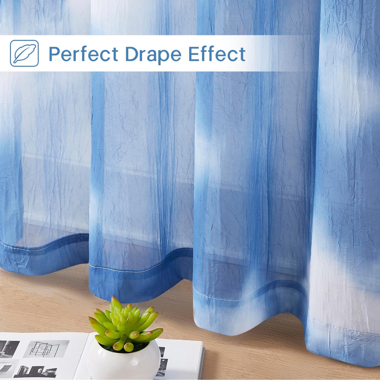 Pudmangtex Blue Sheer Curtains 84 Inches Long for Living Room 2 Panels, Ombre Semi Sheer Curtains with Sliver Grommet Top, Voile Light Filtering Curtain Bedroom, 52" W x 84" L