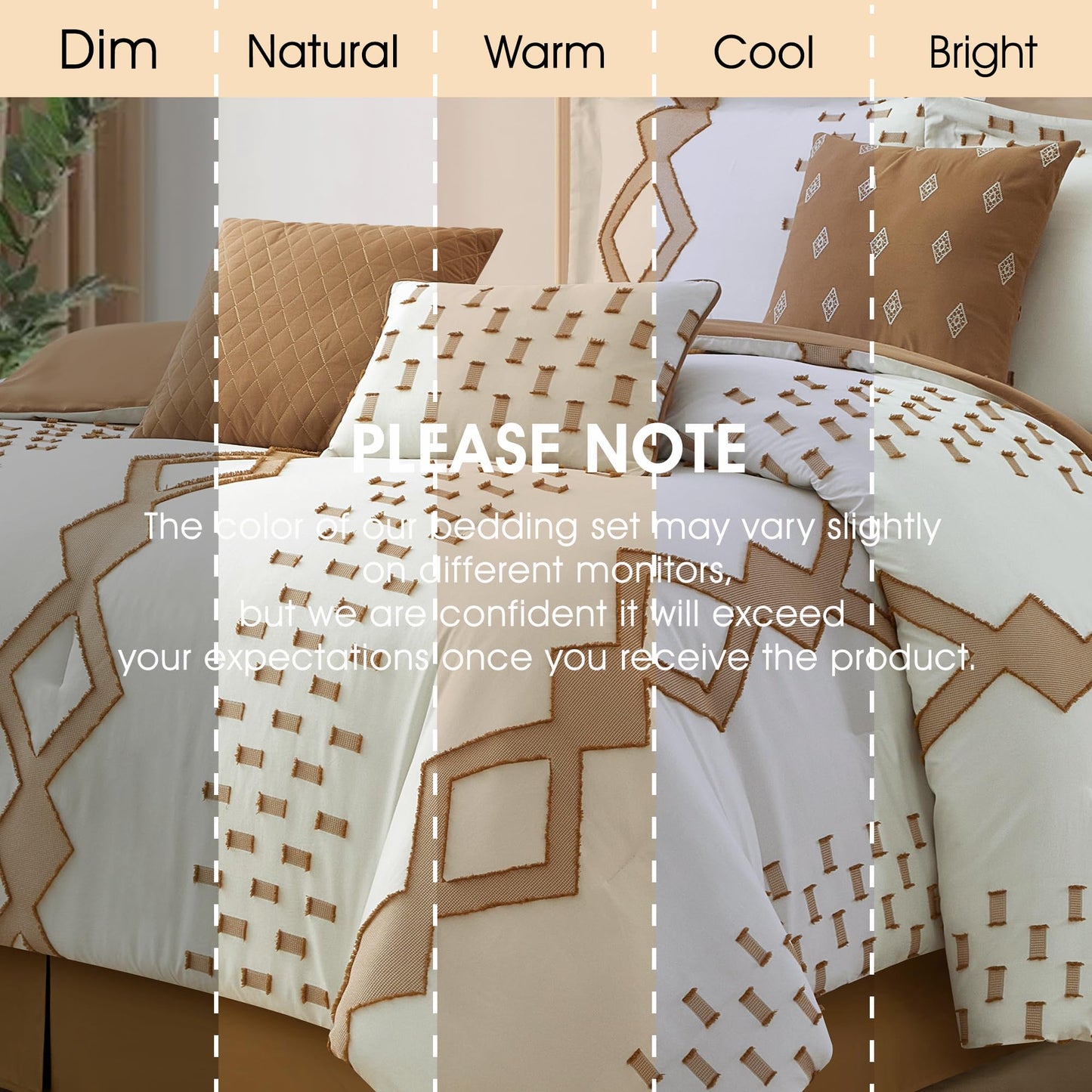 LANCO MODERN LIFESTYLE 7 Piece Taupe and White Comforter Set, California King, Boho Home Decor, Geometric Clip Pattern Bedding Set for All Seasons, Bed in a Bag, Bedskirt, Shams and Decorative Pillows