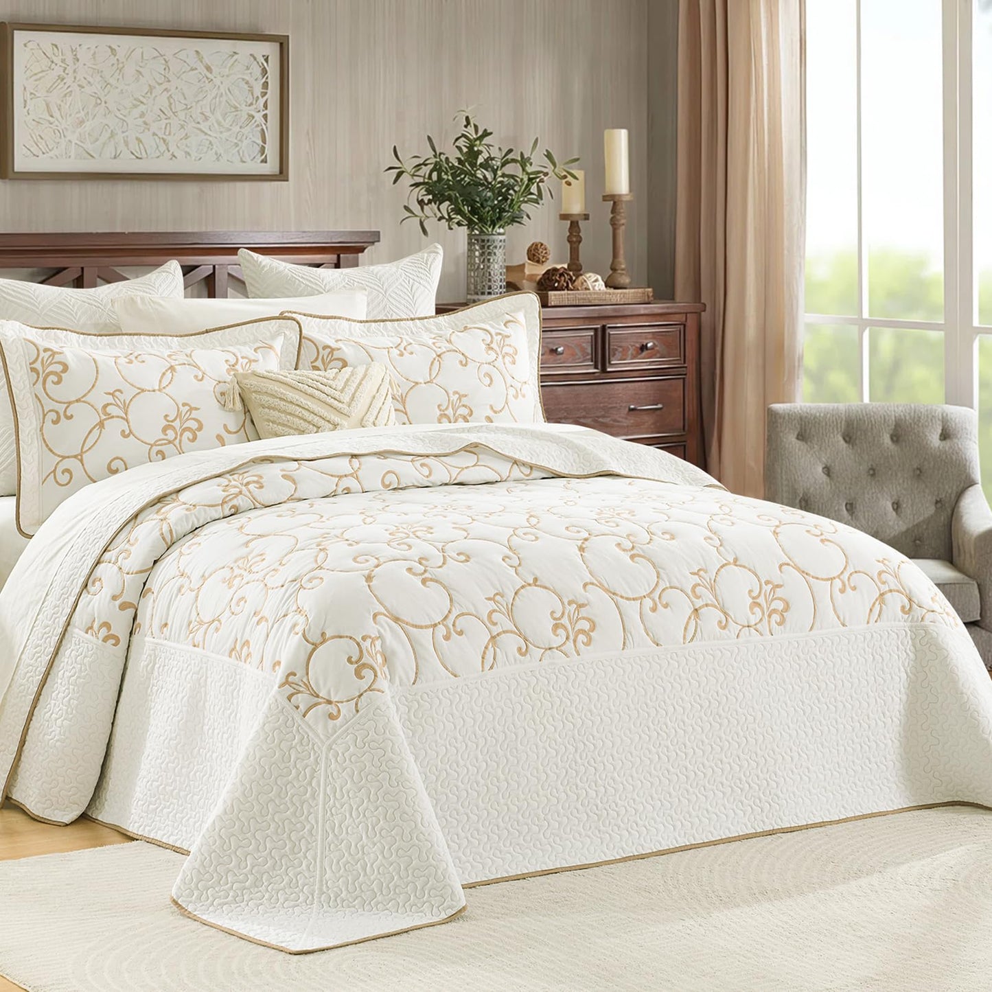 Finlonte Oversized King Bedspread 120"x120" - 100% Cotton Vine Embroidery Cal King Quilted Bedspread, Off-White(Ivory) Bedspread Coverlet Golden Vine, Lightweight Extra Large Quilt with 2 Pillowshams