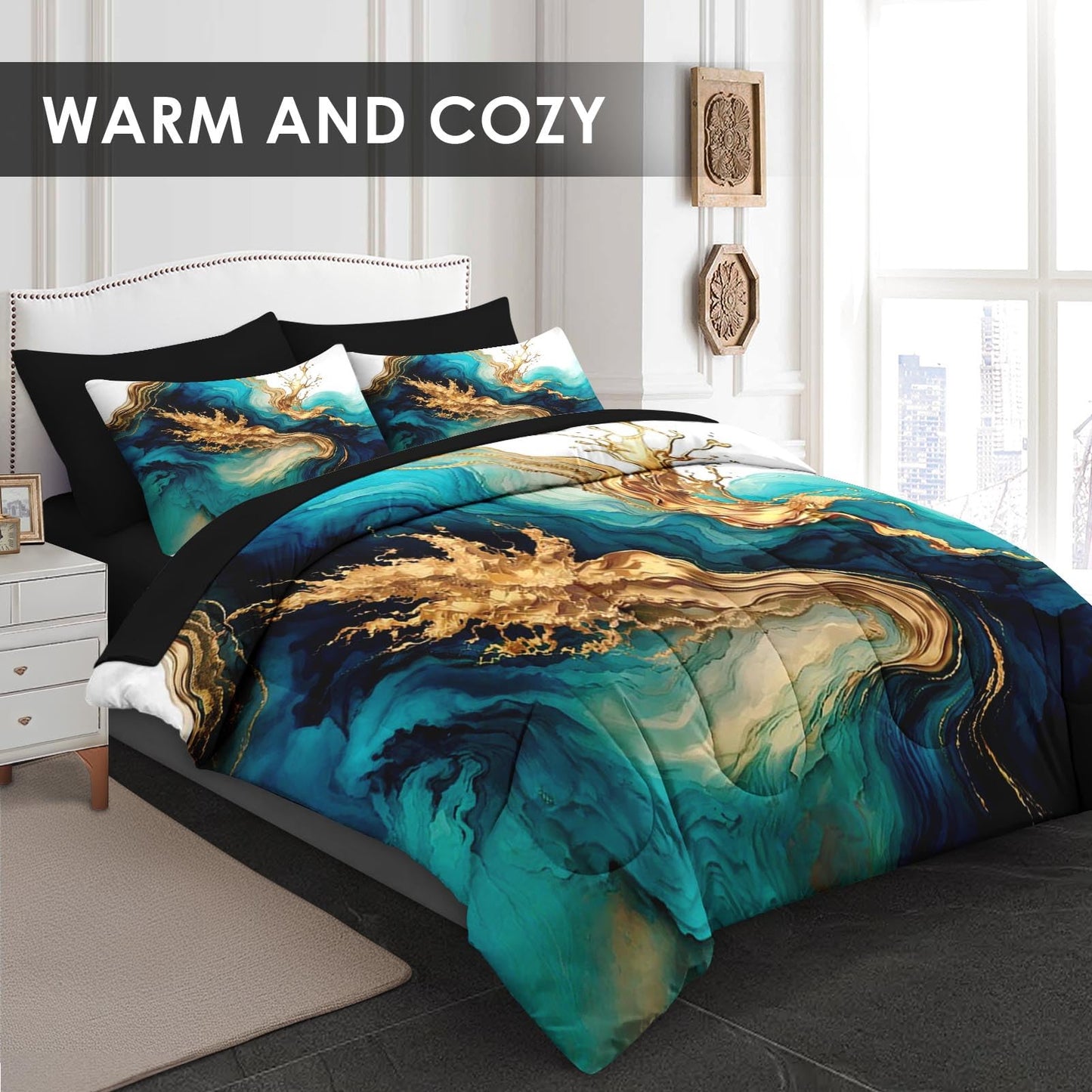 Pamnest Comforter Set Twin Size, Mint Green Marble Gold 5 Pcs Bedding for Kids and Adults, Teal Turquoise Blue Bed Sheet Sets with Fitted Sheet Pillowcase & Sham for Bedroom Bed Decor