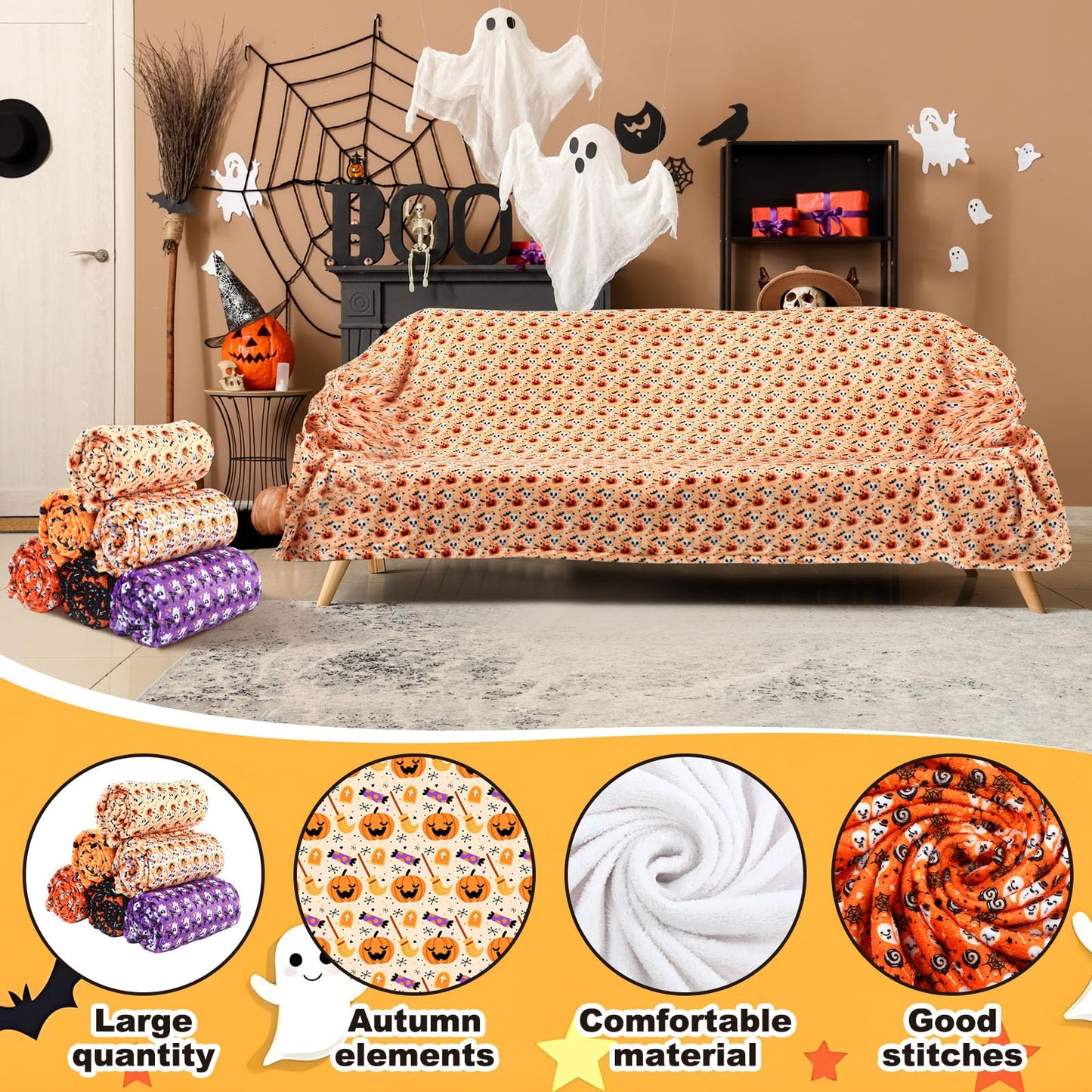 Fanfanwin 6 Pack Halloween Throws Blanket in Bulk Halloween Flannel Blanket Pumpkin Ghost Black Cat Lightweight Throw Soft Warm Fluffy Plush Quilt for Living Room Couch Dorm, 50 x 60 Inch