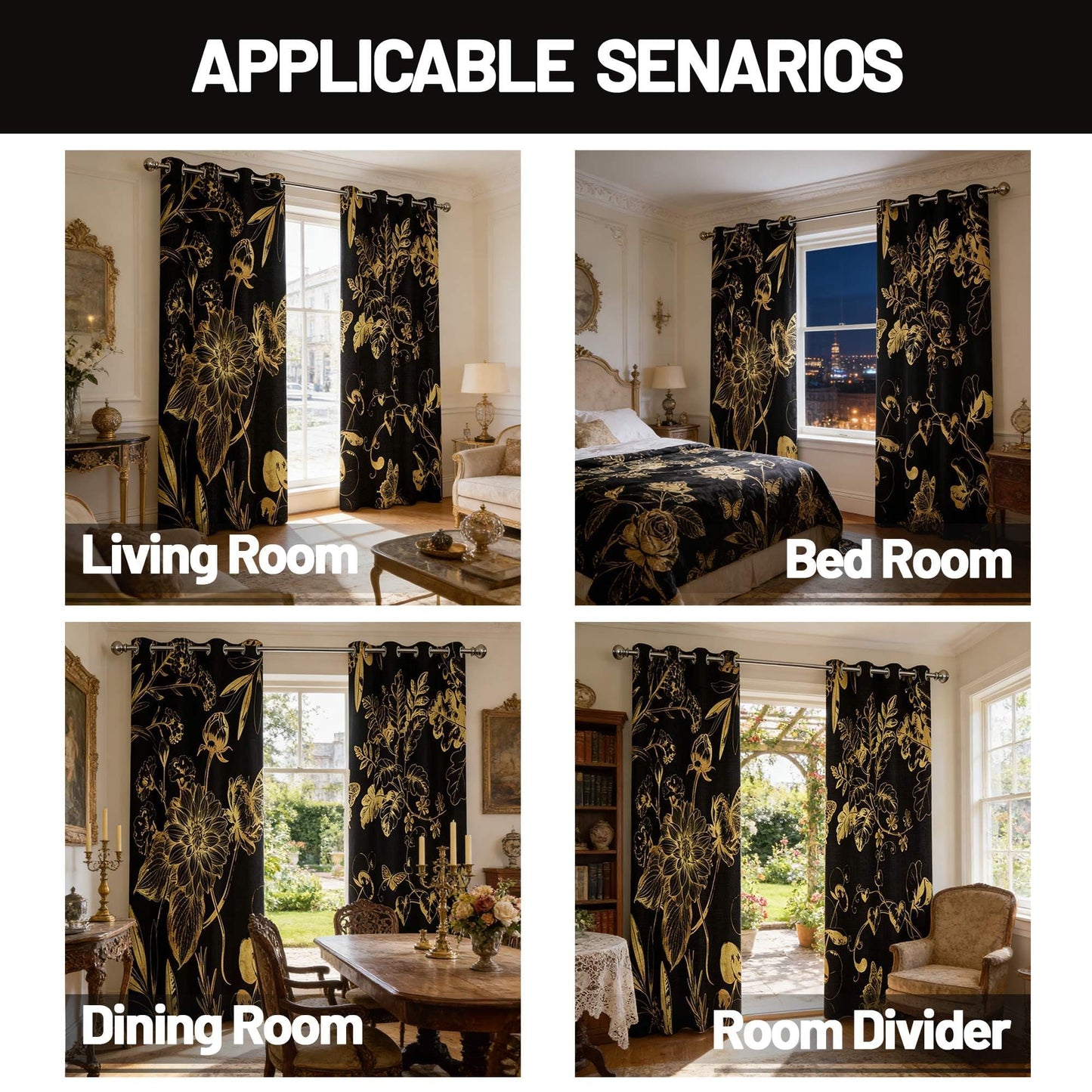 soeeao Black and Gold Vintage Botanical Blackout Curtains Patterned Golden Yellow Floral Window Drapes for Bedroom Living Room, 84 inch Length 2 Panels Set, 52x84 inch