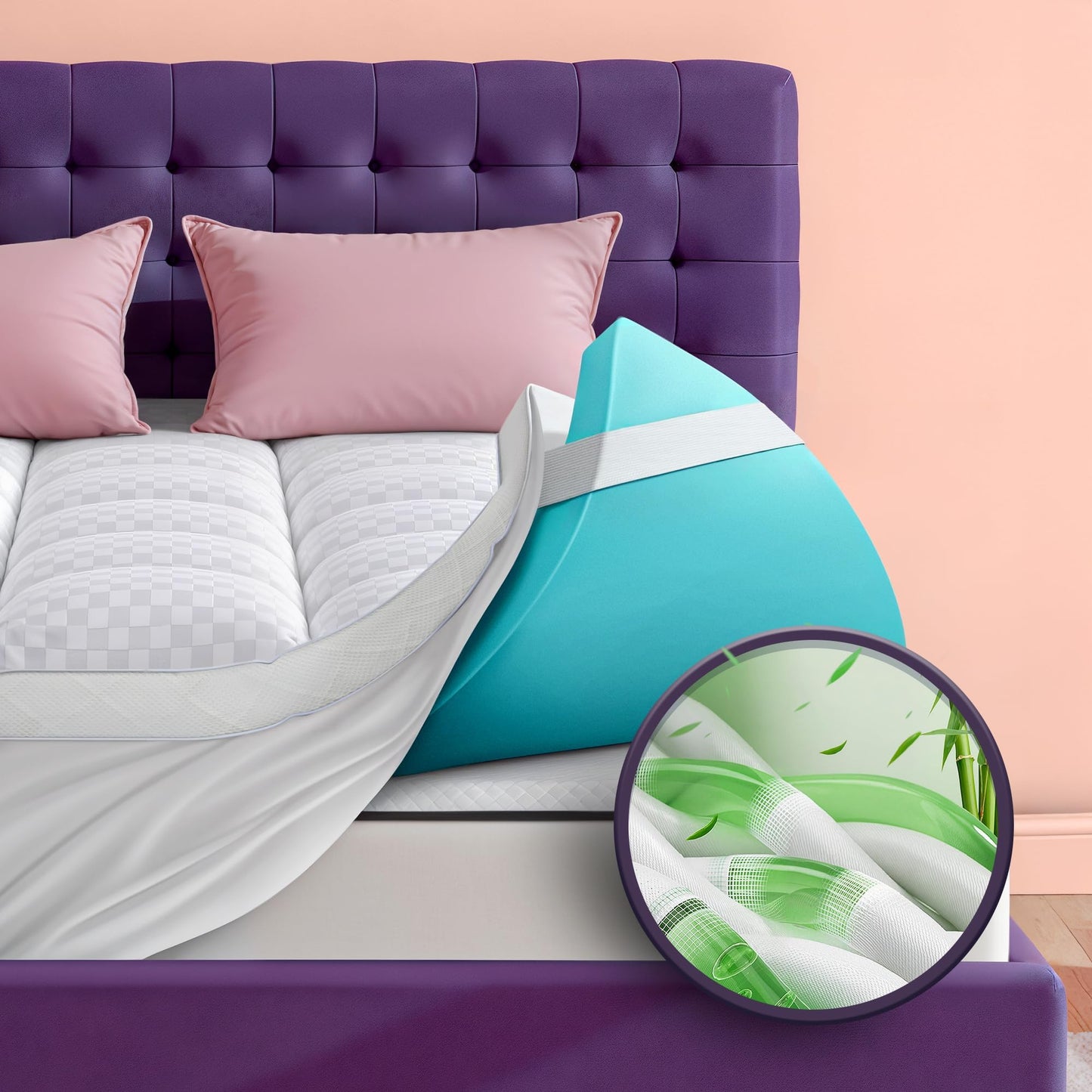 Dual Layer 4 Inch Memory Foam Mattress Topper for Pressure Relief with 4X Support, 2" Fluffy Pillow Top King Mattress Topper 50% Viscose Made from Bamboo Plus 2" Cooling Gel Memory Foam Mattress Pad