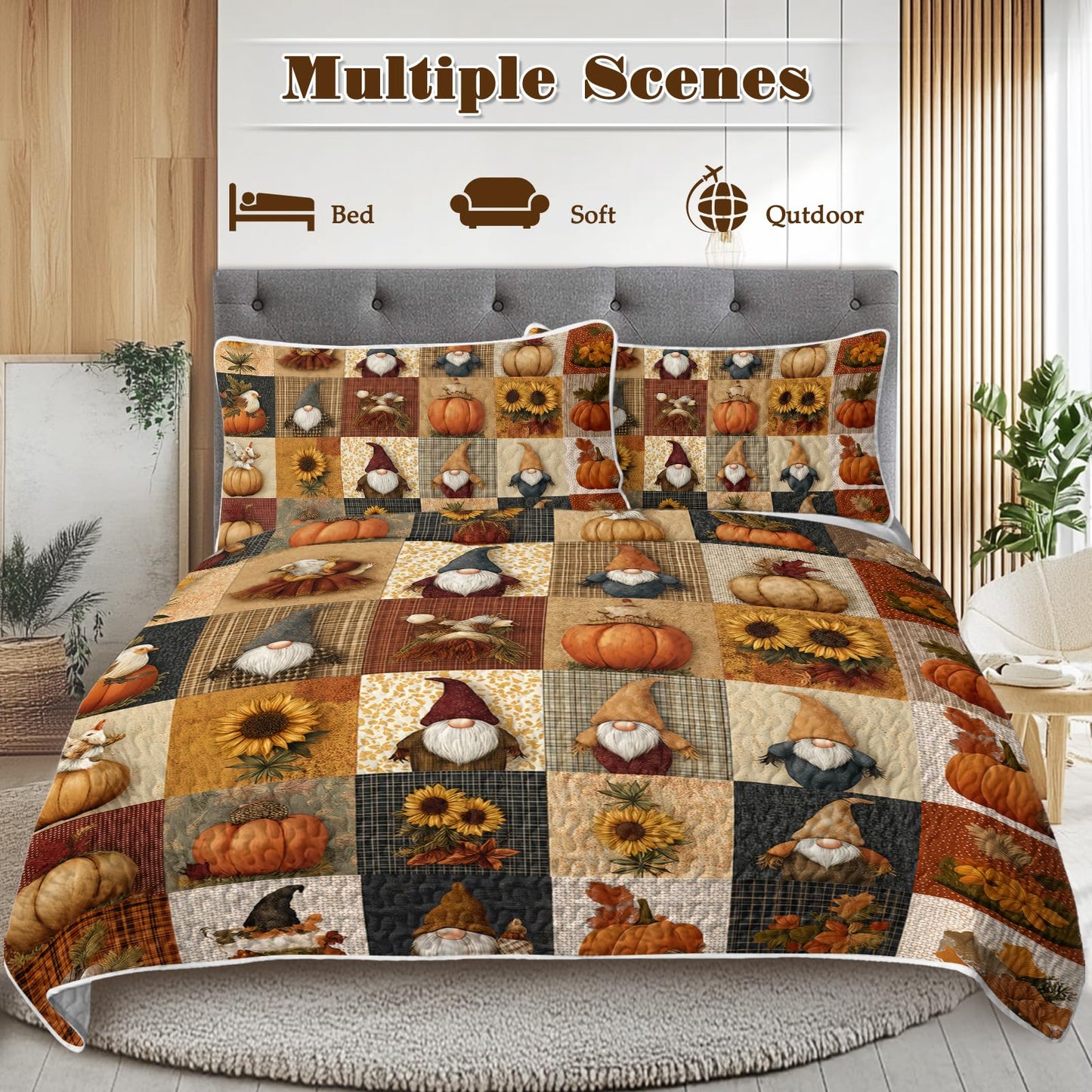 BlessLiving Fall Quilt Set King Size: Soft Microfiber Lightweight Elf Square Pattern Bedspread Coverlet for All Season, 3 Piece Autumn Comforter Set for Thanksgiving Bedroom Living Room
