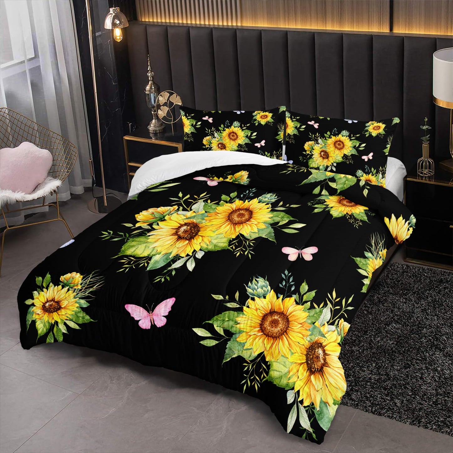 Nttopship Black 3 Piece Sunflower Comforter Sets Full Size, Farmhouse Floral Bedding Set for Girls Boys Adults,3 Piece Bed in A Bag, Ultra Soft Microfiber All Season Yellow Flower Bedding Set
