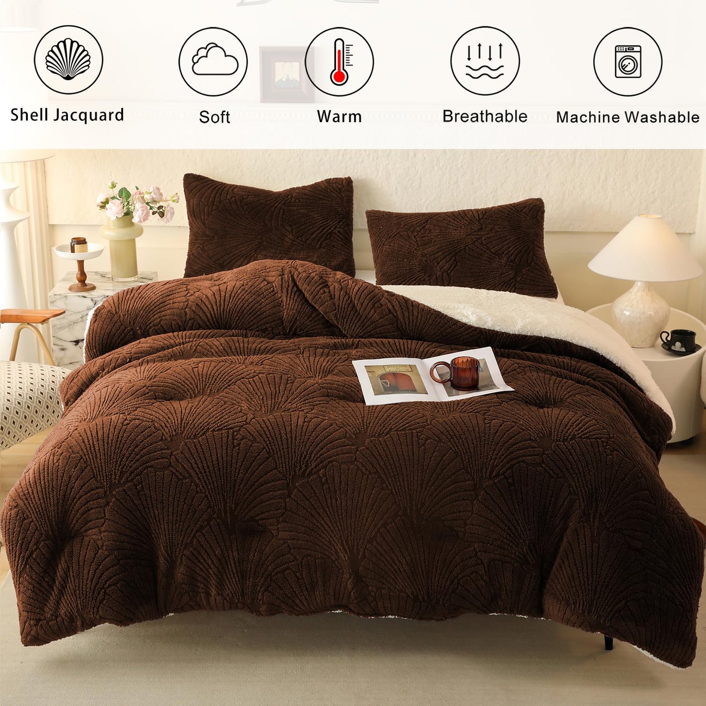 tohrisa Seashell Jacquard Sherpa Comforter Set Warm Cozy Premium Bedding 3 Pieces, King Size Geometric Pattern Quilt Comforter with 2 Pillowcases(104"X90" Coffee)