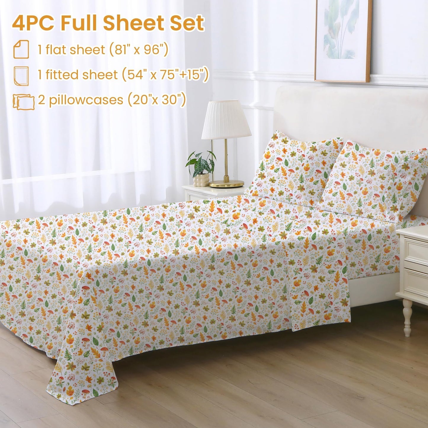 Softan Orange Floral Full Size Sheet Set, Printed Microfiber Fitted Sheet with 15" Deep Pockets & Non-Slip Straps, Maple Leaves & Mushroom Patterned Double Bedding Sheets & Pillowcase Set