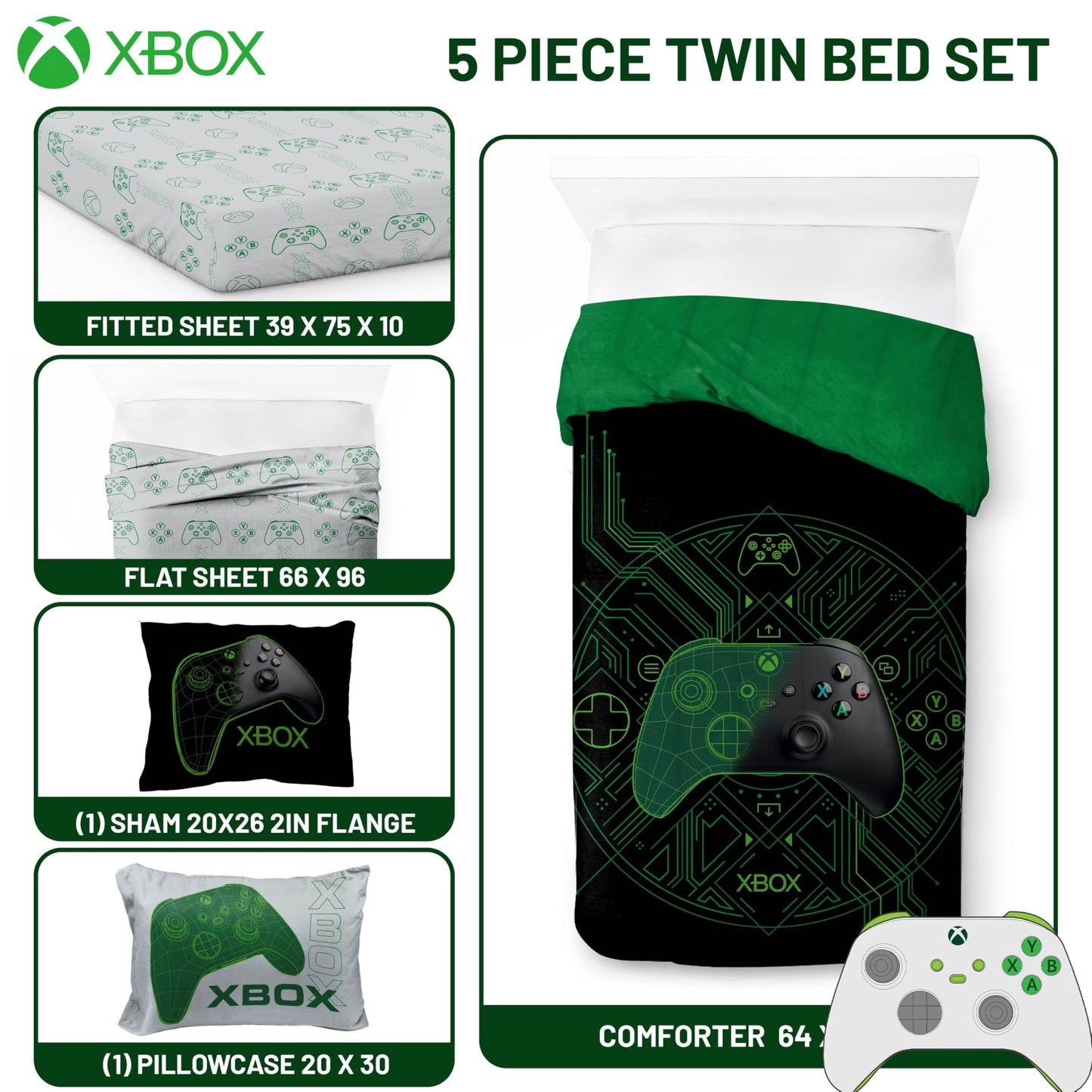 Jay Franco Kids Comforter Set Includes Sheets and Pillow Covers - Soft and Cozy Bed Set for Stylish Room Decor, Official Licensed Product, White - Xbox, 5 Piece Twin