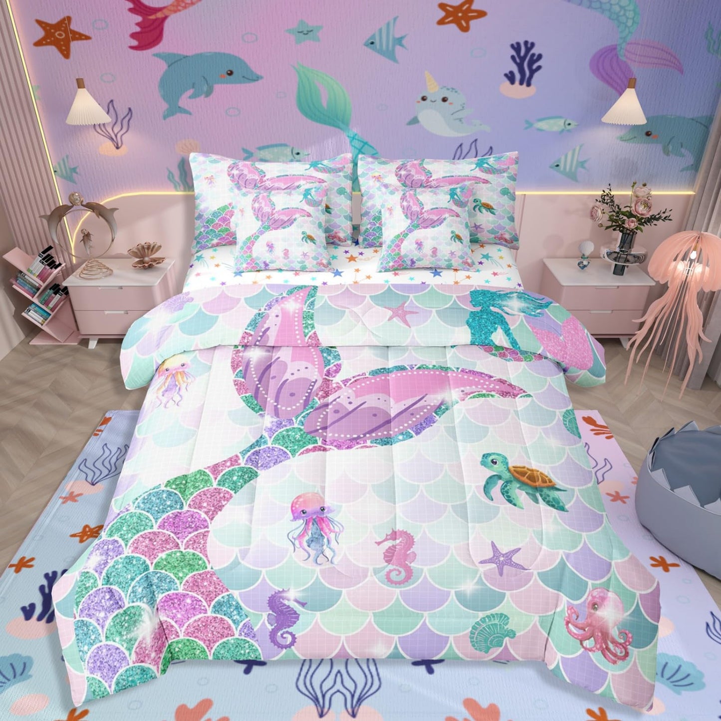 Ocean Mermaid Queen Comforter Set with Sheets | Nautical Sea Animal Kawaii 7 Piece Bedding Set Mermaid Gifts for Girls Jellyfish Sea Turtle Bed in a Bag, Glitter Sequins Print Fish Scale Room Decor