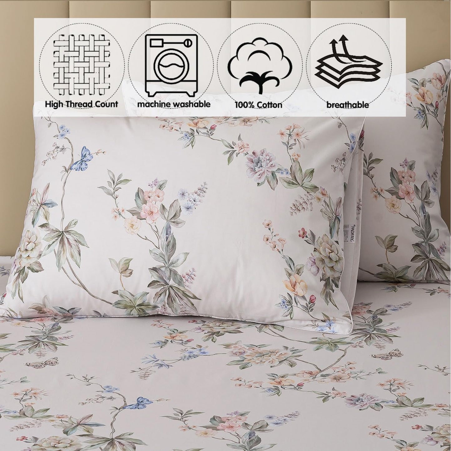 FADFAY Queen Size Sheets Set – 4 Pieces Percale Cotton Deep Pocket Fitted Sheet, Crisp, Breathable & Soft, Country Style Floral & Butterfly Pattern Bedding for All Seasons