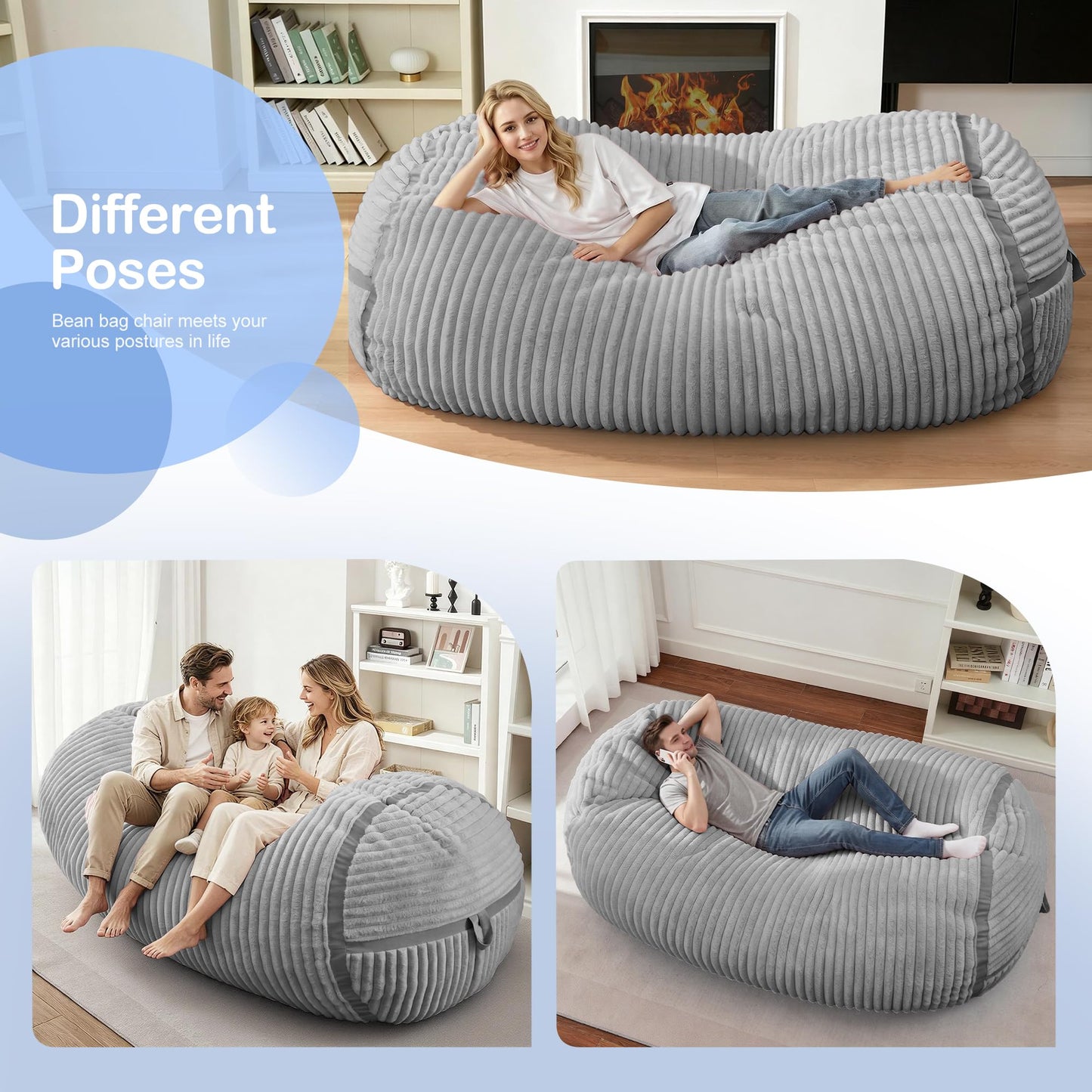 HABUTWAY Bean Bag Chair 6FT Giant Bean Bag Chairs for Adults with Memory Foam Filled,6'Beanbag Chair with Soft Faux Fur Cover, Bean Bag Bed Bean Bag Sofa Lounger for Living Room,Bedroom-Light Grey