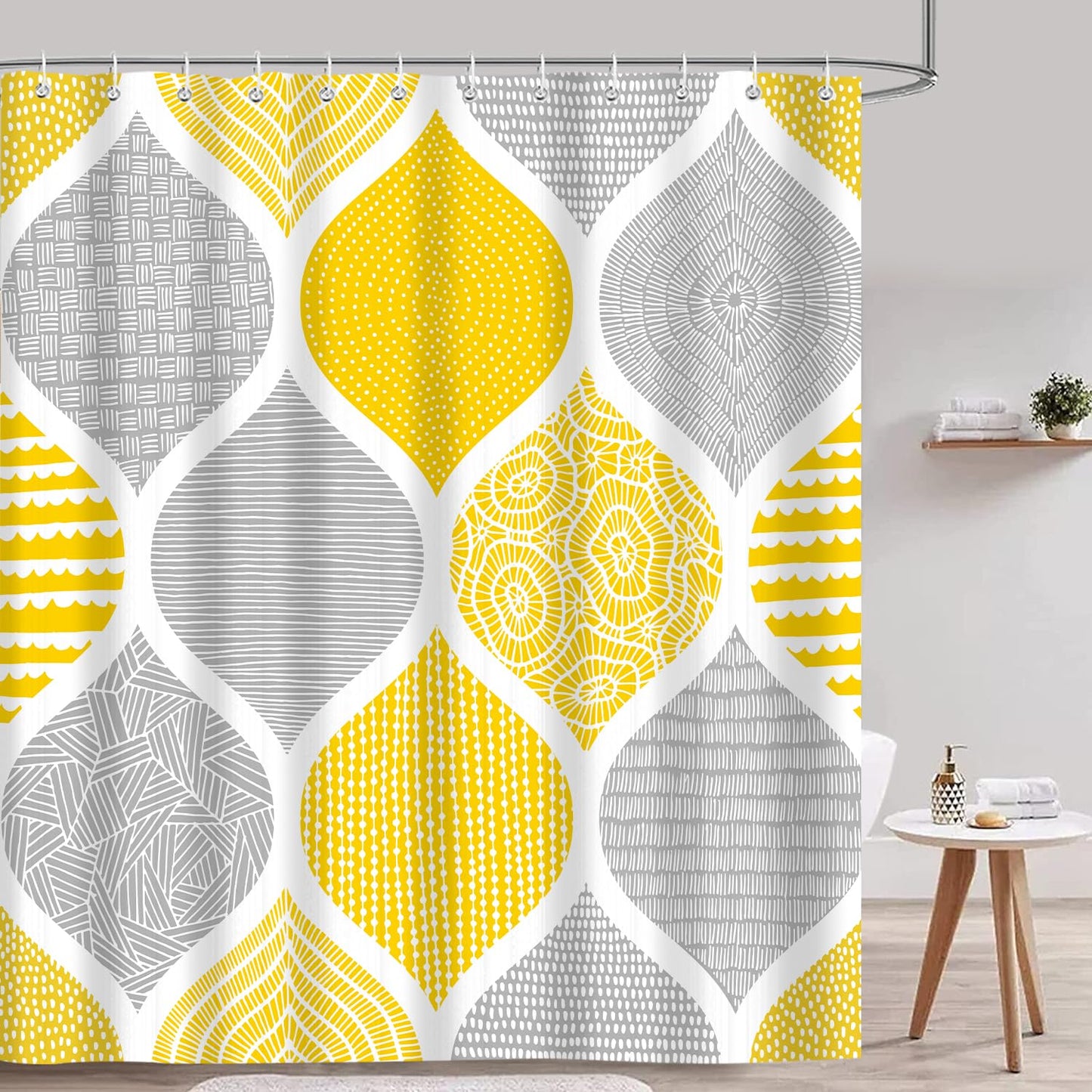 iTapnoom Boho Yellow and Grey Shower Curtain Set, Dark Gray Abstract Geometric Pattern Shower Curtains for Bathroom Decor Accessories, Modern Bohemia Paisley Fabric Bath Curtains with Hooks 72X72