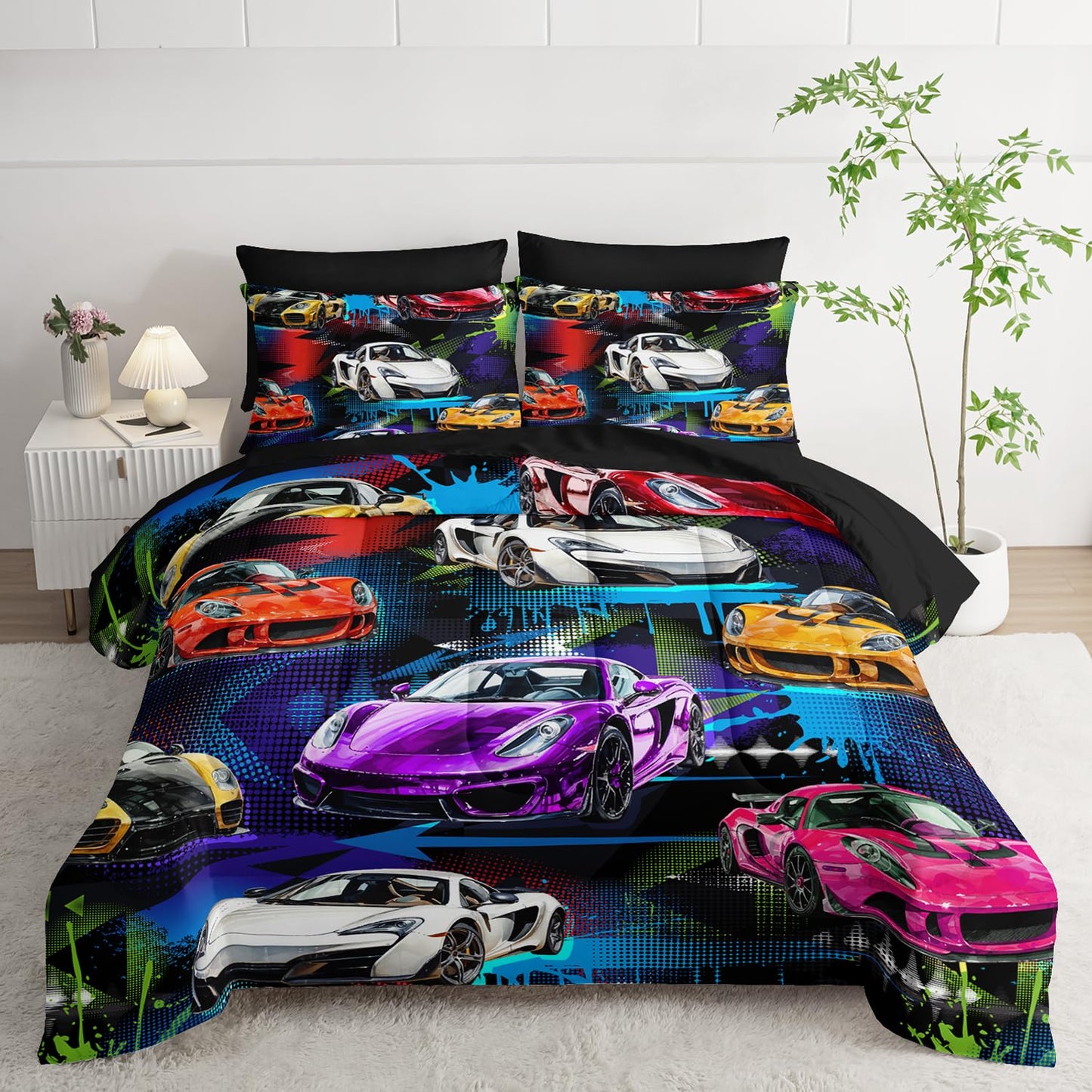 AILONEN 7-Piece Racing Car Comforter Sets Full Size,Extreme Sports Bedding Set Bed in a Bag for Kids Boys Teens,Cool Speed Race Comforter & Fitted Sheet with Flat Sheet & 2 Pillowcases,2 Pillow Shams
