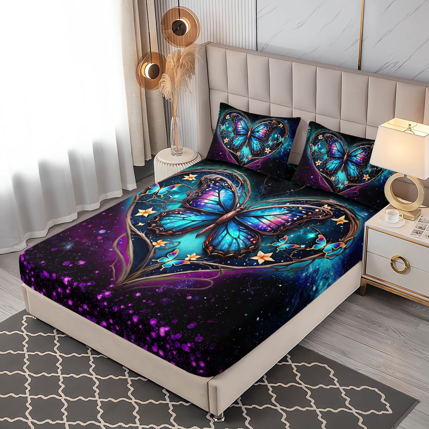 UEVBF Aesthetic Butterfly Bedding Twin Fitted Sheet,Romantic Love Flower Glitter Bed Fitted Sheet for Kids Teens Girls Room Decor,Blue Butterfly Fitted Sheet Sets,1 Fitted Sheet+2 Pillowcases.