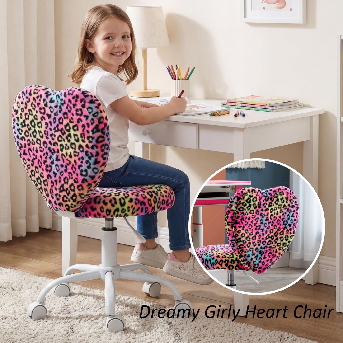 DM Furniture Cute Fuzzy Kids Chair Rolling Study Desk Chair Furry Studing Computer Task Chair Faux Fur Swivel Vanity Chair for Girls Boys Bedroom, Red Leopard