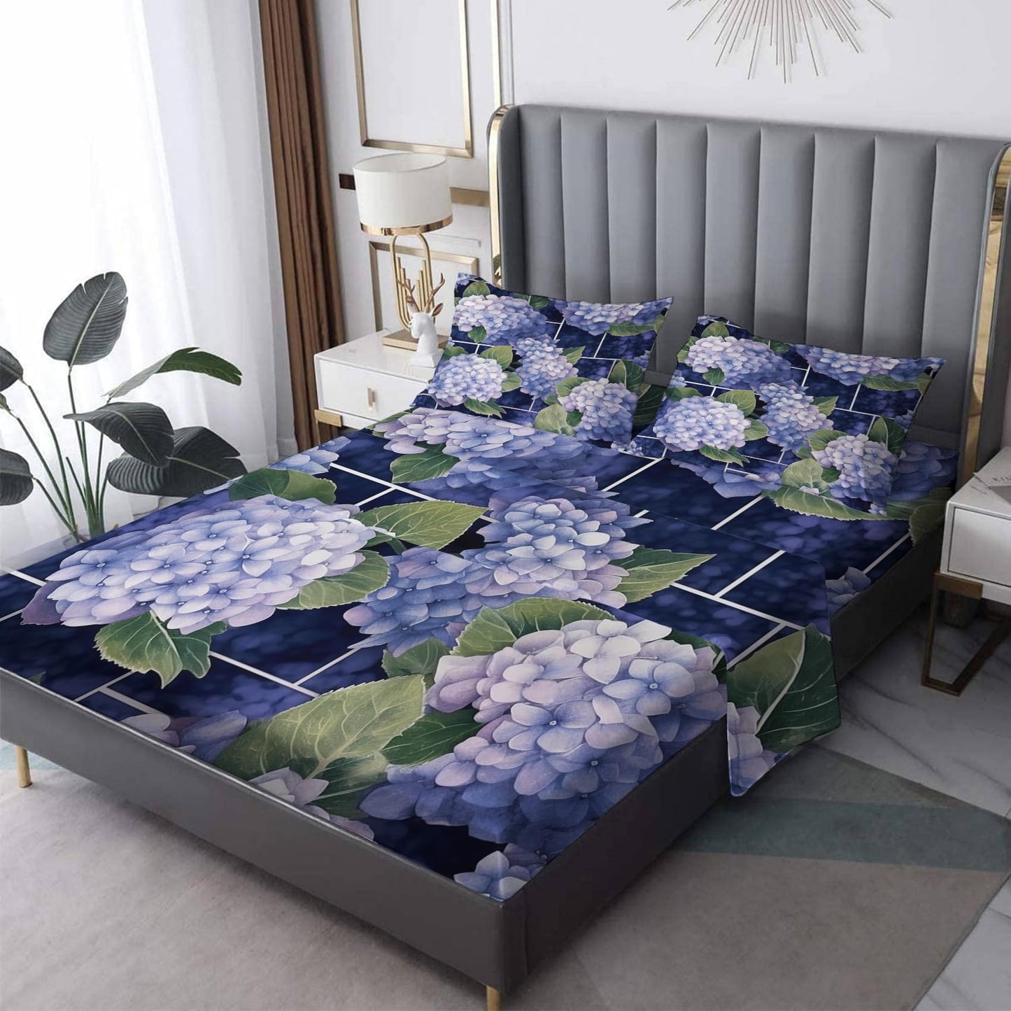 zcsm Hydrangea Sheets King Size - Floral Bed Sheets, Soft Microfiber & Deep Pocket & Wrinkle Free Patterned Bedding Sheets & Pillowcases, 4 Piece (1 Fitted Sheet, 1 Flat Sheet, 2 Pillow Cases)