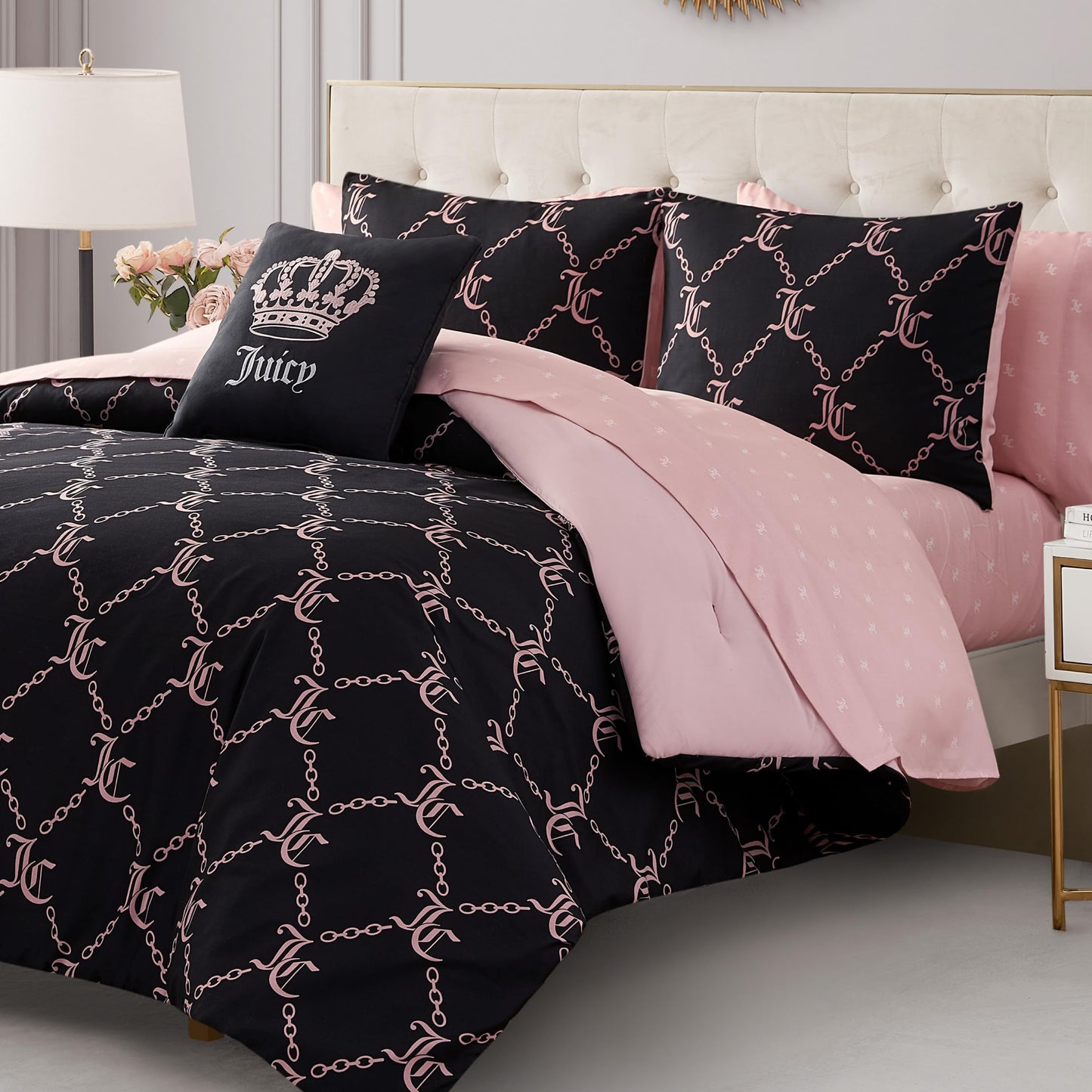 Juicy Couture Black Link Logo Printed Comforter Set, Queen – Complete 8-Piece Bed in a Bag Collection