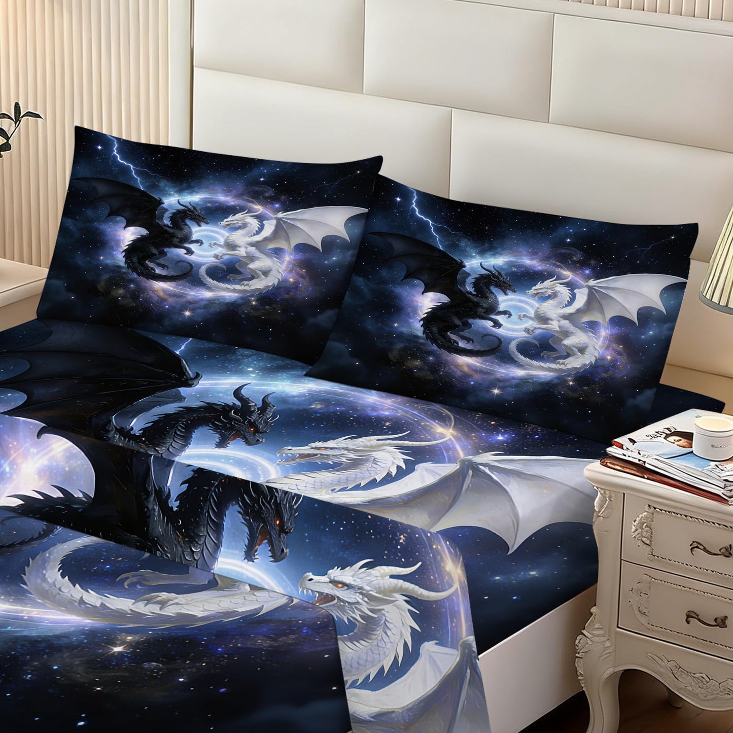 VTKON Black and White Dragon Fitted Sheet Twin Size, Galaxy Dragon Bed Sheet 3Pcs for Boys Kids, Starry Animal Pattern Fitted Sheet Soft Microfiber for Bedroom Decor
