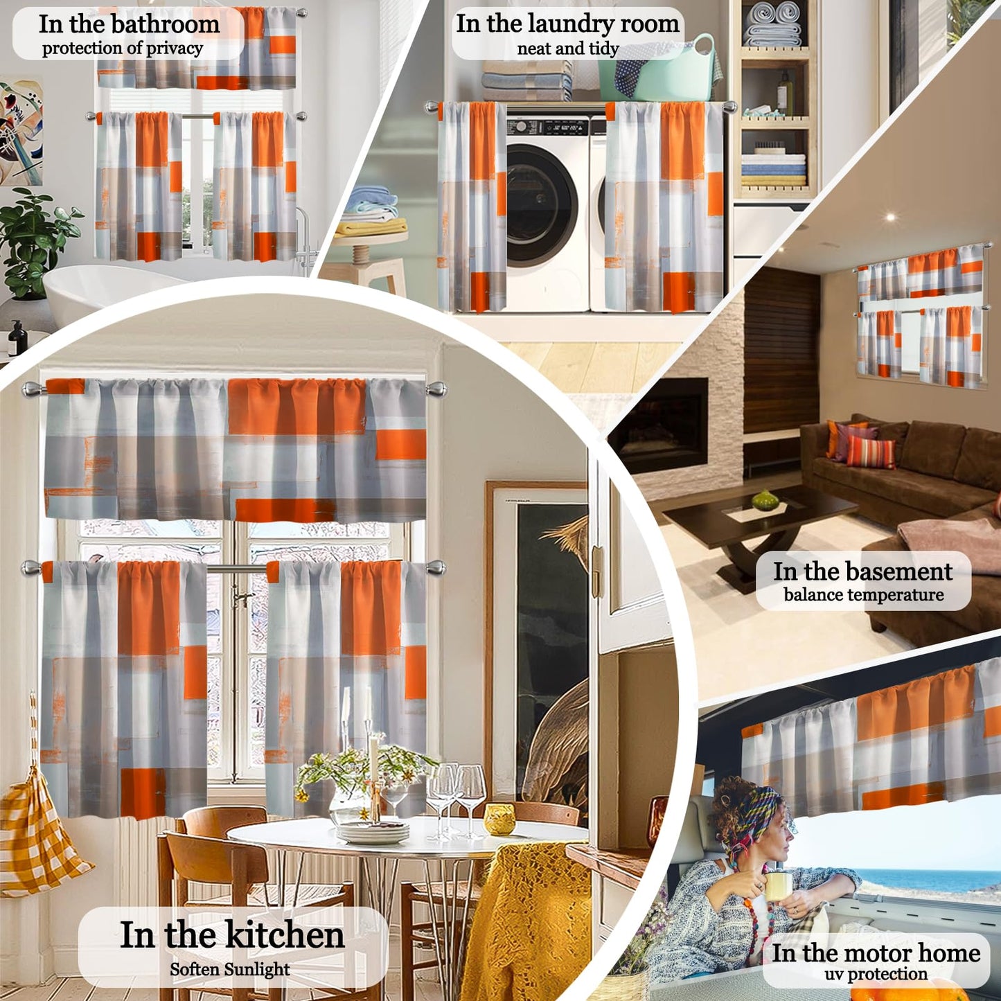 KINUUIS Orange Brown Blackout Kitchen Window Tier Curtains and Valance Set, 52 x 36 Inch Abstract Art Window Curtains Set with Rod Pocket for Small Windows, Living Room or Bathroom