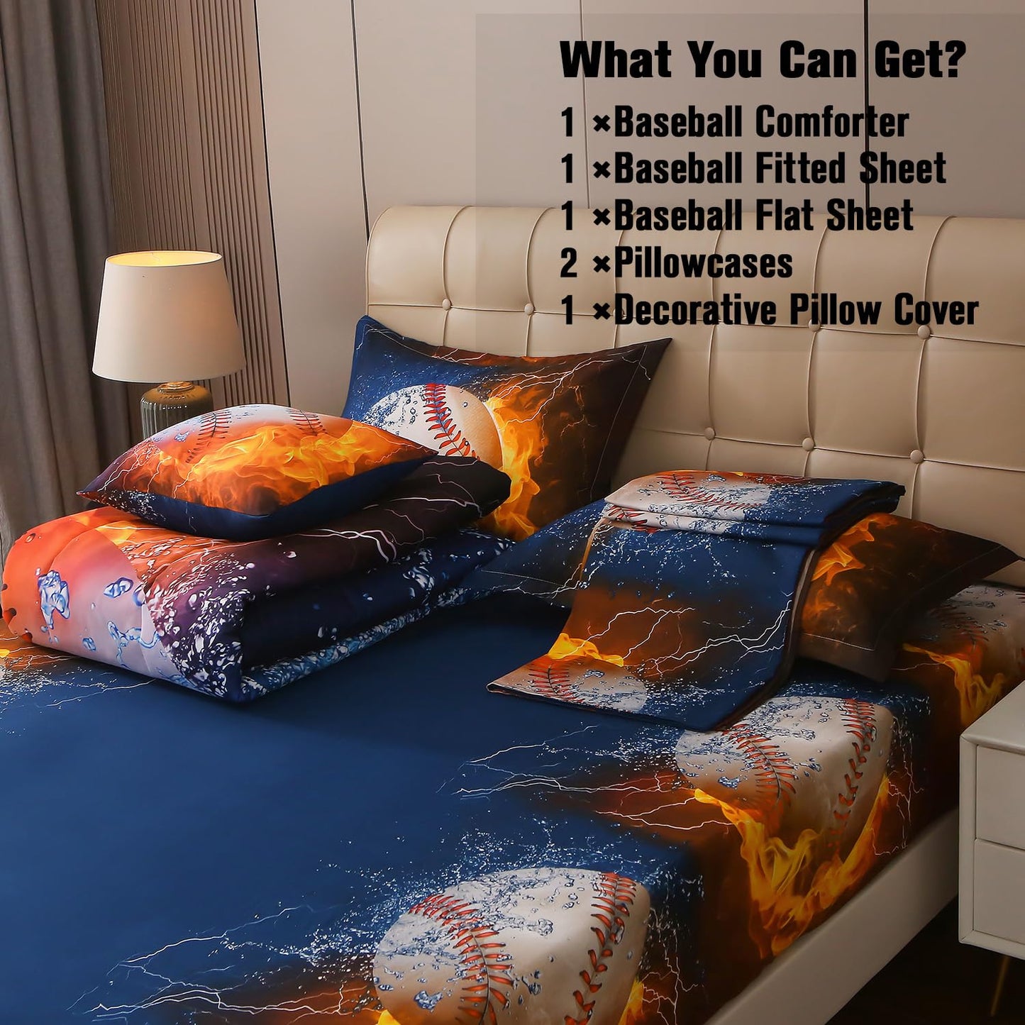 JQinHome Queen Baseball and Fire Comforter Sets for Boys,6 Piece Bed in A Bag 3D Sport Themed Bedding -All Season Soft Microfiber Bedding Sets with Sheets
