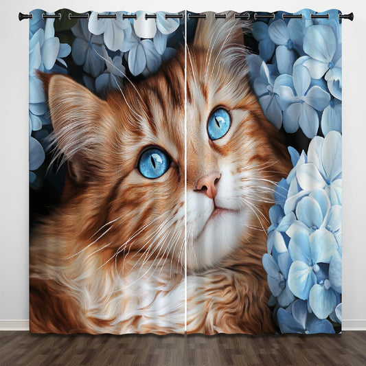 Cute Cats Animals Blackout Curtains, Elegant White Flowers 2 Panel Top Grommet Drapes, 3D Print Thermal Insulated Room Darkening Curtains for Living Room Kids Bedroom(104" W x 63 "L)