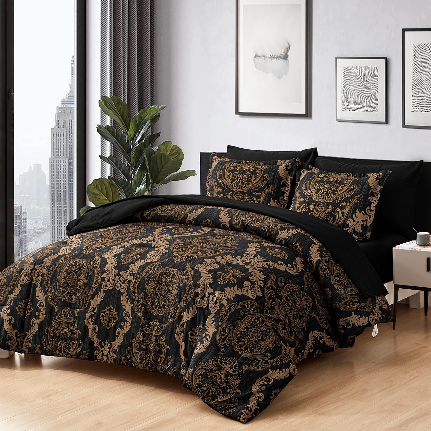 WONGS BEDDING Black Comforter Set Queen Size, Gold Damask Texture 7 Pieces Bed in a Bag Microfiber Comforter Bedding Sets -1 Comforter, 1 Flat Sheet, 1 Fitted Sheet, 2 Pillow Shams, 2 Pillowcases