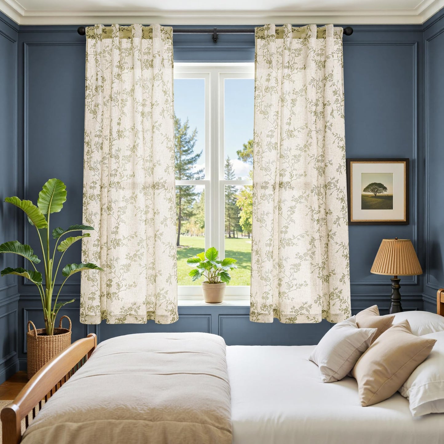 jinchan Linen Floral Curtains 63 Inch Farmhouse Country Flower Drapes Rustic Window Curtains Light Filtering for Living Room Bedroom Laundry Back Tab 2 Panels Green on Beige