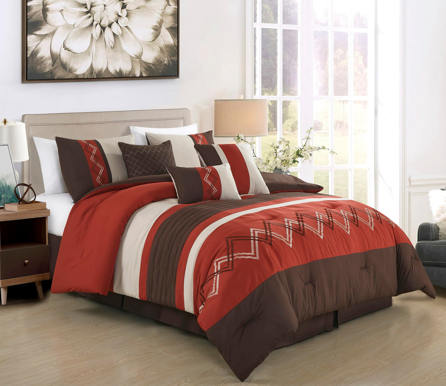 Chezmoi Collection Arden 7-Piece Modern Pleated Stripe Embroidered Zigzag Bedding Comforter Set (Queen, Spice/Brown/Coffee Cream)
