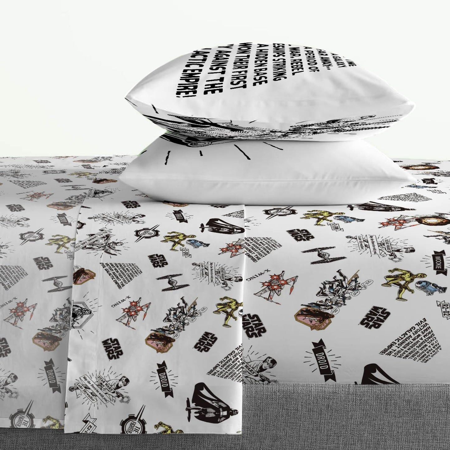 Jay Franco Kids Sheet Set with Fitted, Flat Sheets & Pillow Cover - Ultra-Soft Bedding with Pillowcase for Room Decor, White - Star Wars, 4 Piece Queen