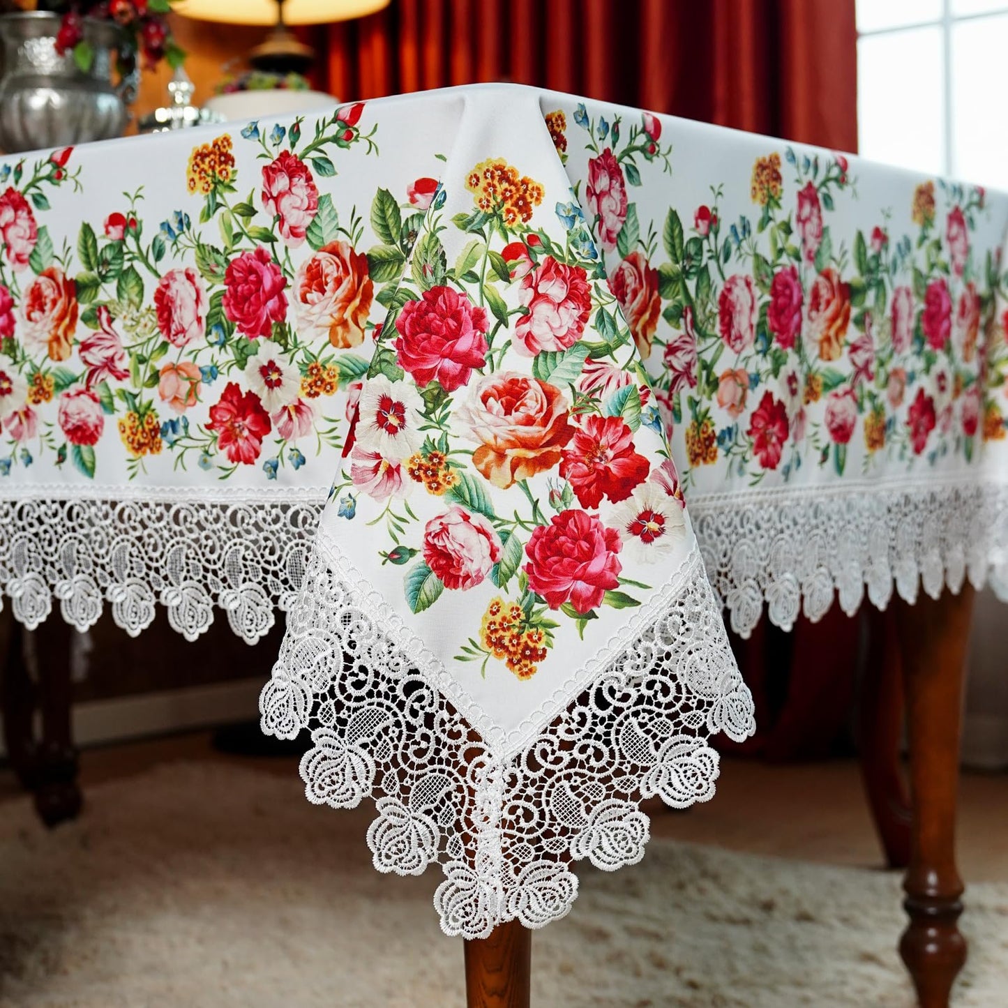 SUTAVIA Floral Lace Tablecloths Waterproof Rectangle Table Cloth Farmhouse Washable Table Cover for Home Holiday Thanksgiving Christmas Party Dining Table (White, 60"x104")