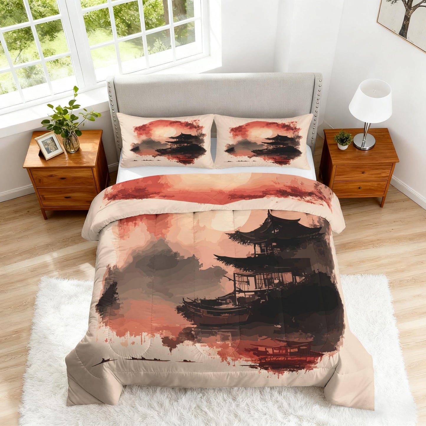 ZDABAOEC Japanese Twin Comforter Set 2 Piece, 1 Pillow Sham, Oriental Asian Chinese Style Ink Art Reversible Down Alternative All Season Bedding, Soft Microfiber, Japanese Bedroom Decor