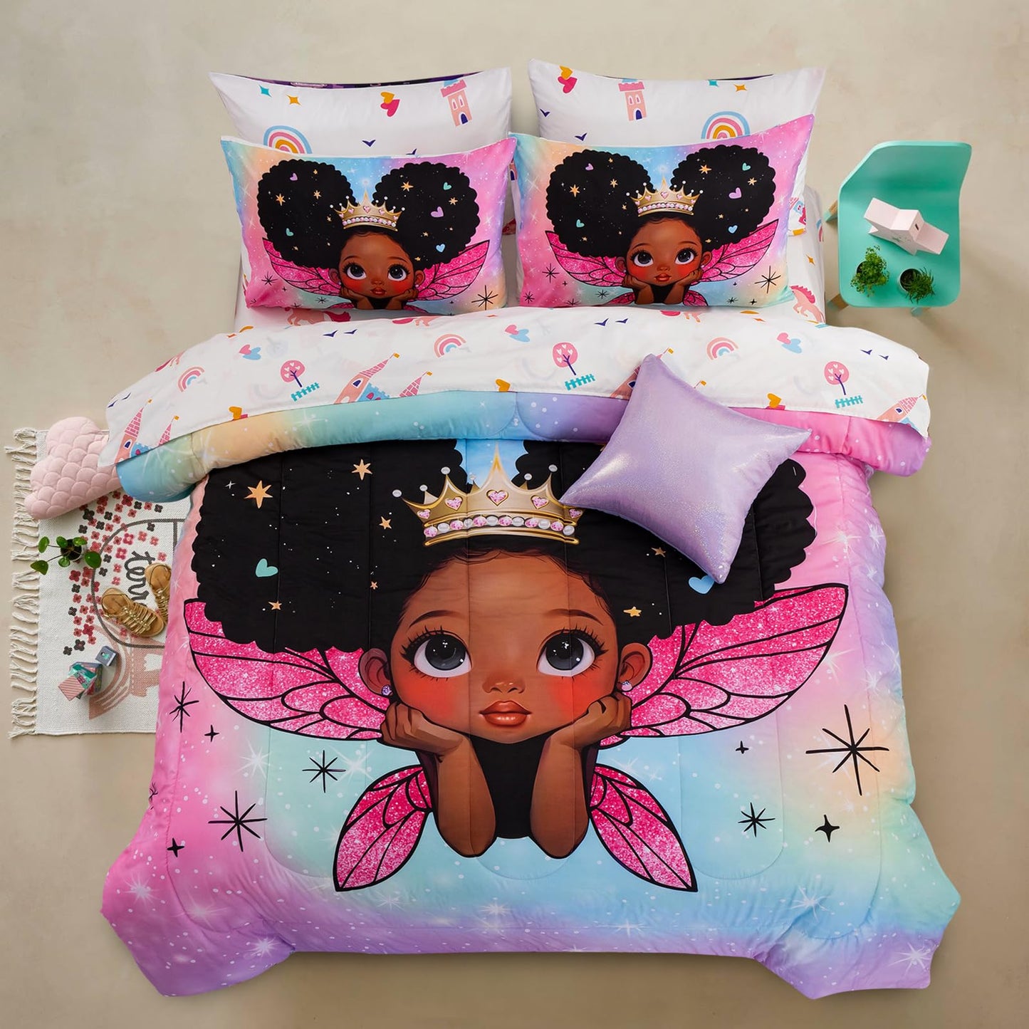 A Nice Night Black Girl Princess with Wings Comforter Set,Pink Gradient Glitter Rainbow Galaxy 6pcs Kids Twin Size Bedding Set,Room Decor for Girls