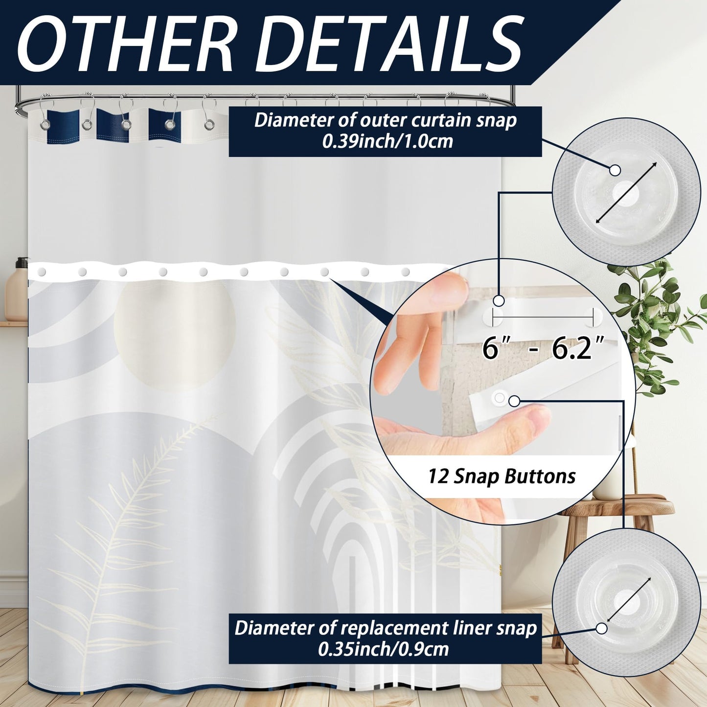 Bxpaitx Navy Blue See Through Mesh Top Shower Curtain with Window, Boho Dark Blue and Gold Double Layer Mens Shower Curtains with Snap in Liner with Magnets, Waterproof Cloth Fabric with Hooks 71x72in