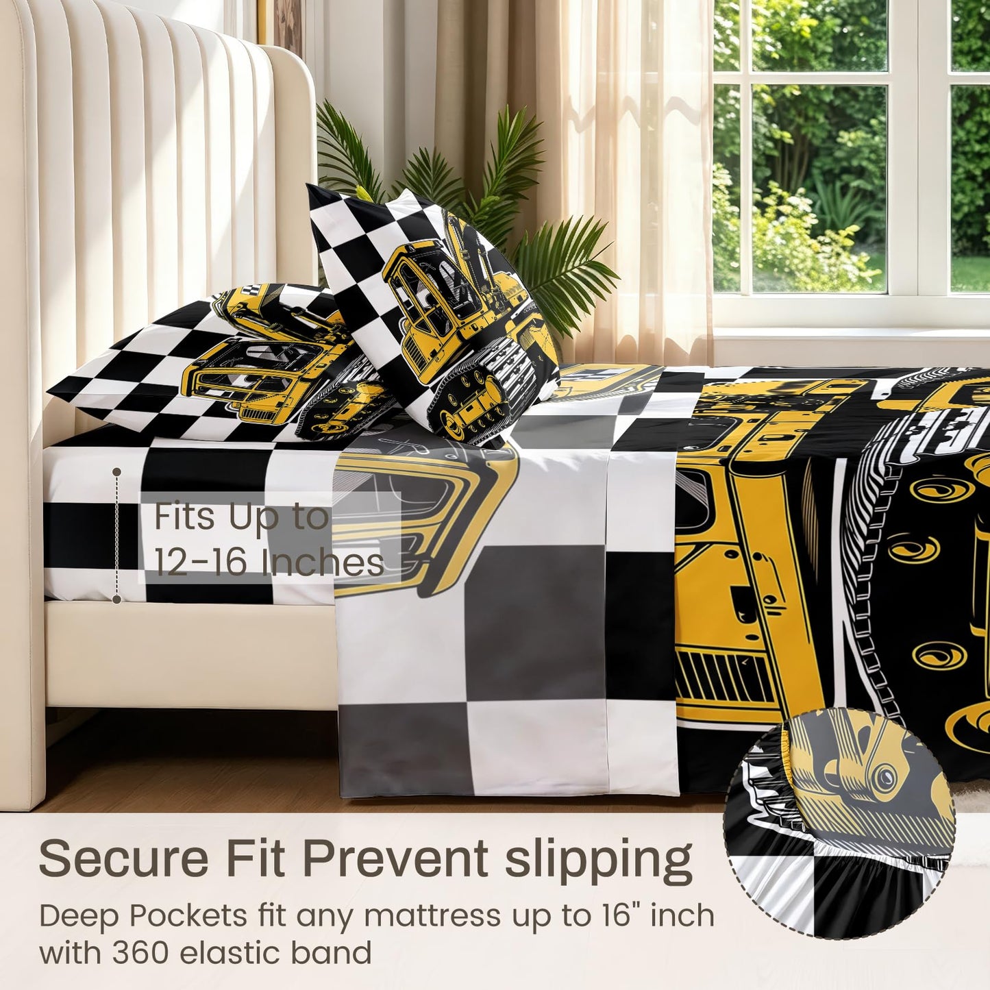 Excavator Bedding Set 4 Pcs Construction Vehicle Queen Sheets, White Orange