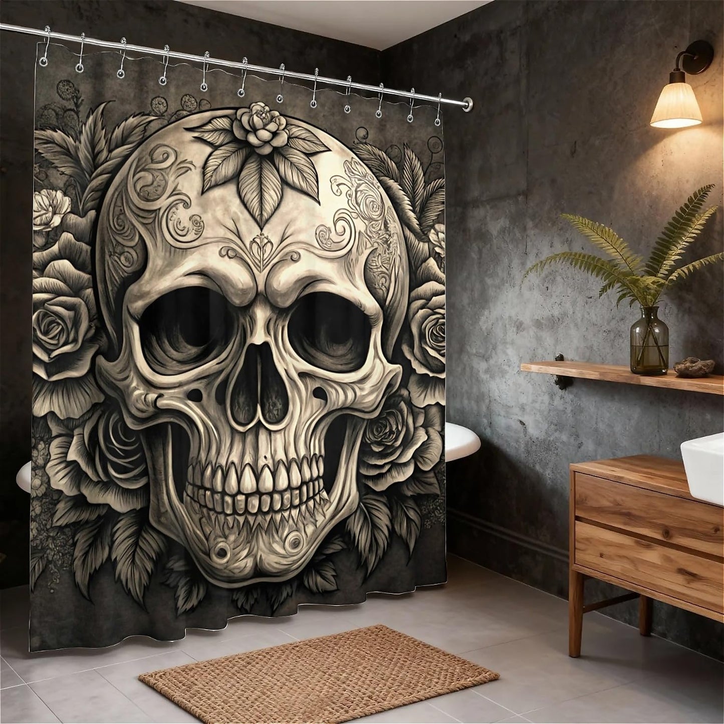 TANGXUNFA Flowers-Skull-1 Shower Curtain for Bathroom, Water-Resistant Long Shower Curtain Set 72x72 Inch with Metal Grommets and 12 Metal Hooks