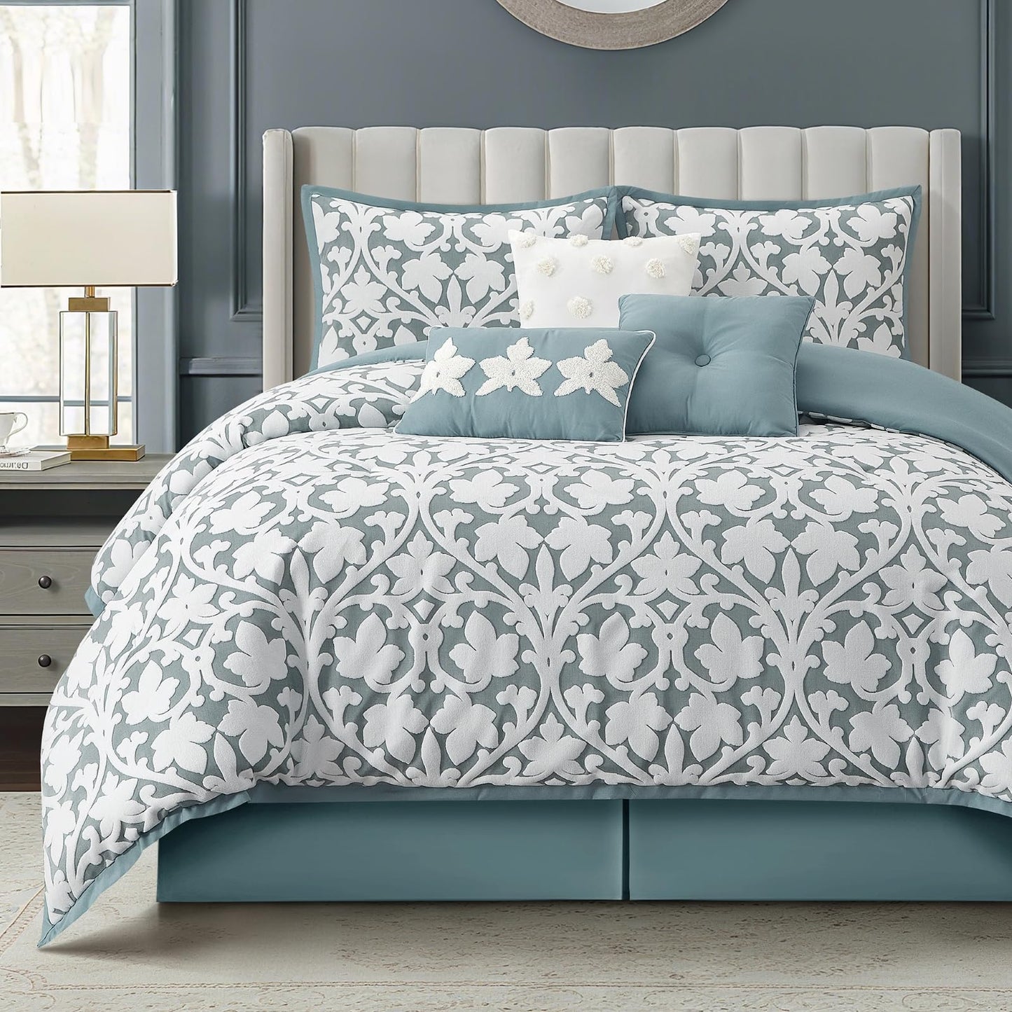 LANCO MODERN LIFESTYLE 7 Pieces Comforter Set, King, Blue, Jacquard Floral Pattern and Classy Damask Medallion Design, Ultra Soft, Includes Bed Skirt, Shams, and Decorative Pillows