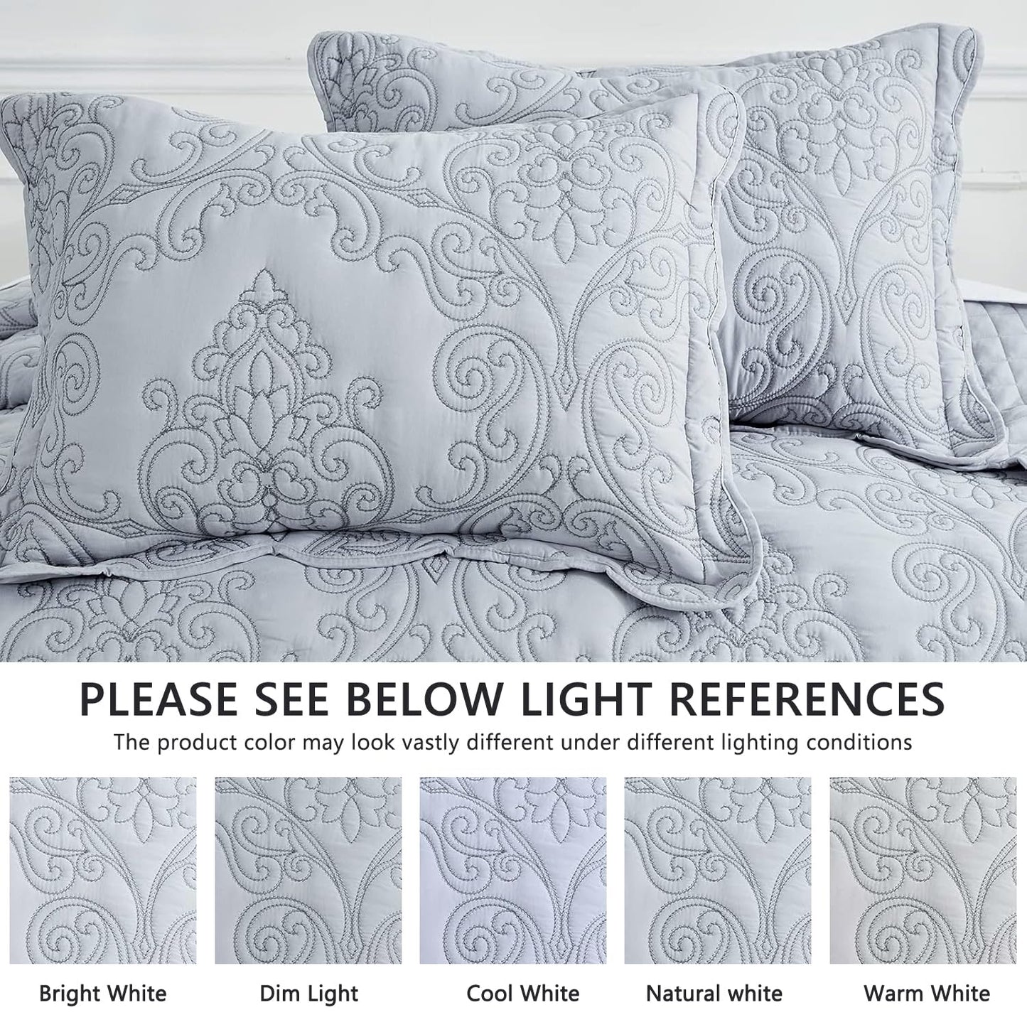 CHIXIN Bedspread Coverlet Set Queen Size - Lightweight Bedding Cover - Beautiful Stitching - 5 Piece Reversible Bedspread - Luxury Damask Paisley Pattern (Queen, Light Grey)
