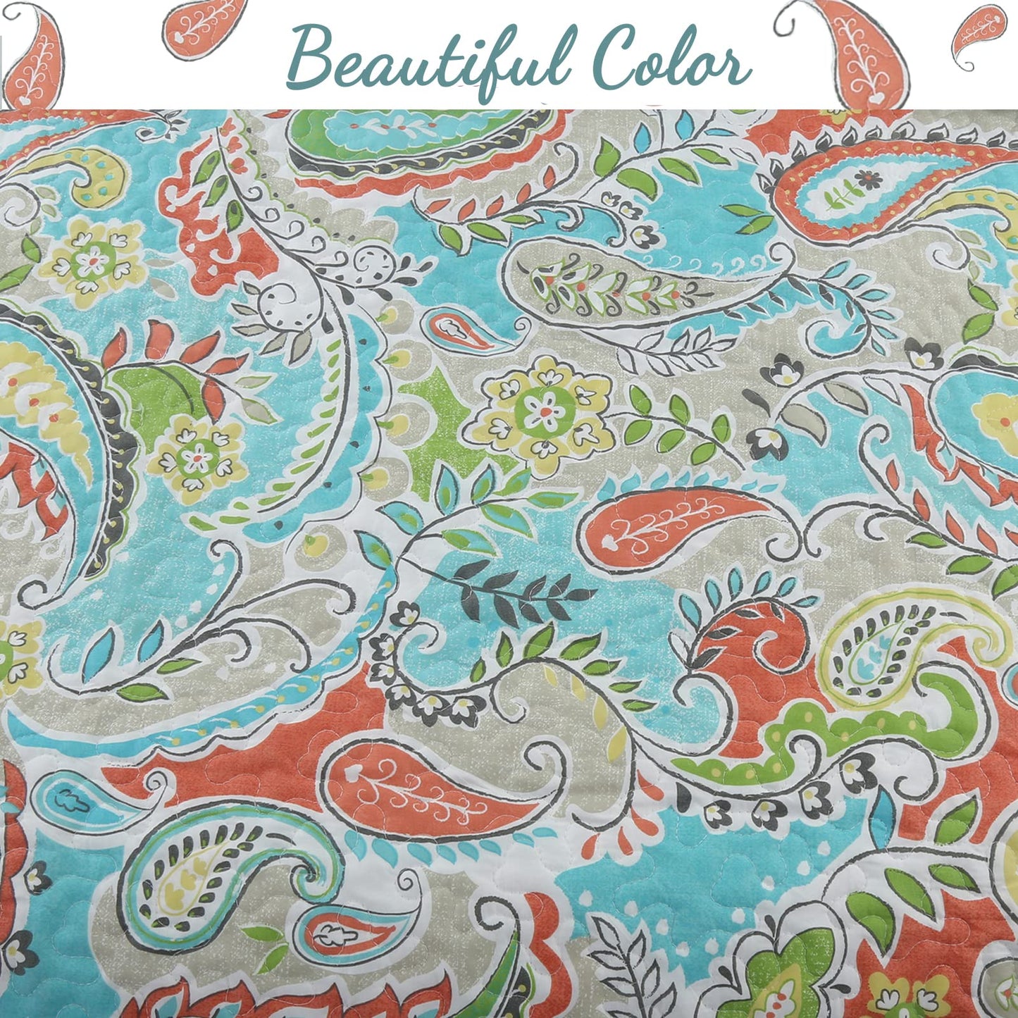 Cozy Line Home Fashions Turquoise Blue Coral Floral Leaf Reversible Quilt Bedding Set, Coverlet Bedspread Lightweight for All Seasons (Mirage Paisley, King - 3 Piece)