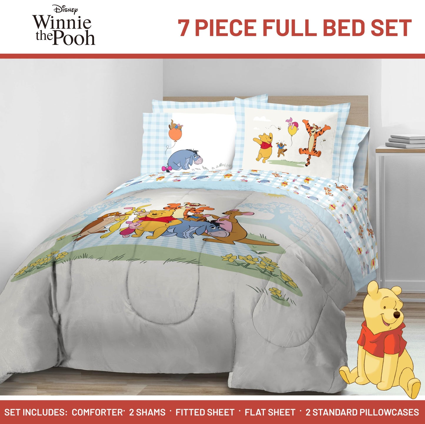 Jay Franco Kids Comforter Set Includes Sheets and Pillow Covers - Soft and Cozy Bed Set for Stylish Room Decor, Official Licensed Bedding, White - Winnie The Pooh, 7 Piece Full