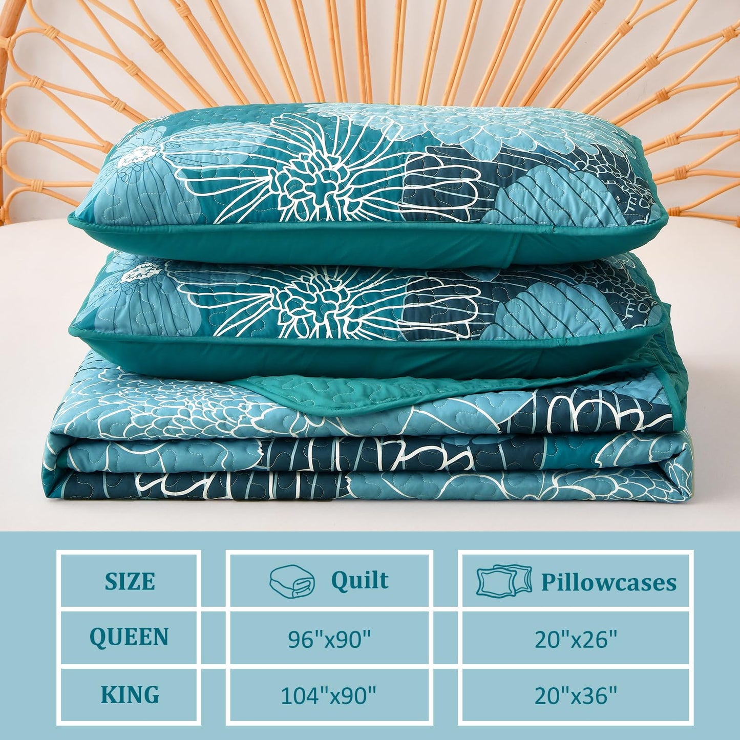 Queen Quilt Sets Teal Floral Pattern Quilt Bedding Set, 3 Pieces Botanical Quilt Bedspread Coverlet Set, Soft Microfiber Boho Flower Bed Coverlet Bedding Set for All Season(96" x 90)