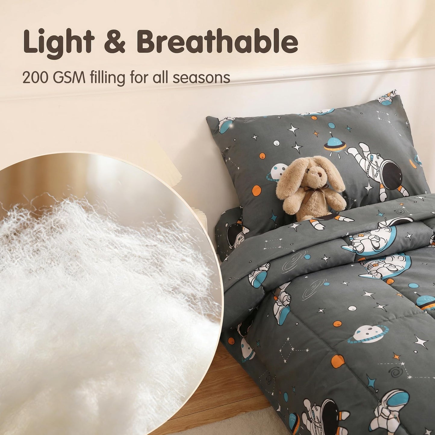 JSD Grey Astronaut Toddler Bedding Set, 4 Piece Space Theme Bed-in-a-Bag Comforter Sheet Set, Machine Washable