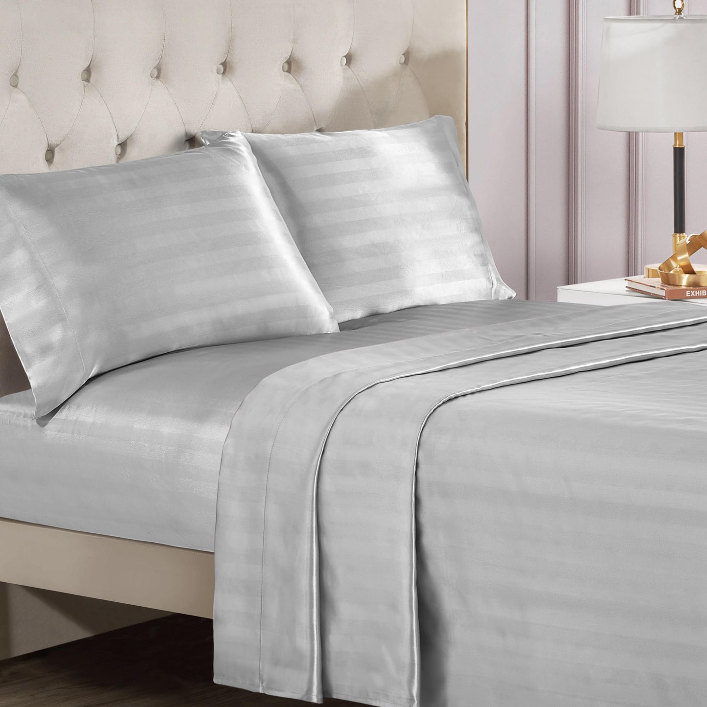 Juicy Couture Silky Satin Damask Sheet Set - Luxury Grey Bedding - Smooth Striped Sheets - Full Size