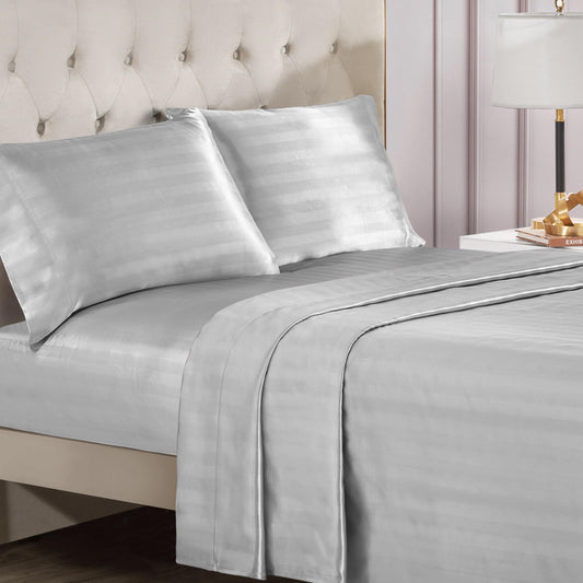 Juicy Couture Silky Satin Damask Sheet Set - Luxury Grey Bedding - Smooth Striped Sheets - Full Size