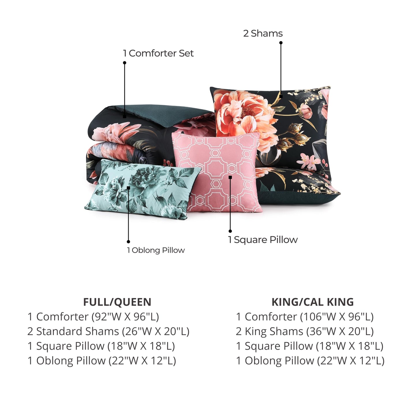 Bebejan Botanical Birds 5 Piece Comforter Set, 100% Cotton Sateen, 220 Thread Count, Black Reversible Bedding Comforter Set, 1 Comforter, 2 Shams & 2 Pillows (King/Cal King)
